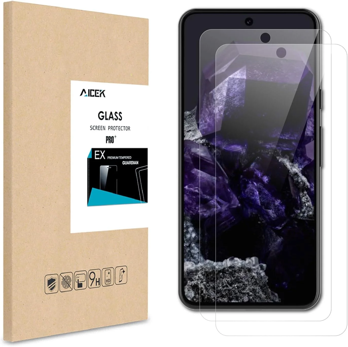 محافظ صفحه نمایش AICEK بسته 2 عددی سازگار با Google Pixel 8، محافظ صفحه نمایش شیشه ای حرارت دیده برای Google Pixel 8، محافظ صفحه نمایش شیشه ای، محافظ صفحه نمایش شیشه ای حرارت دیده