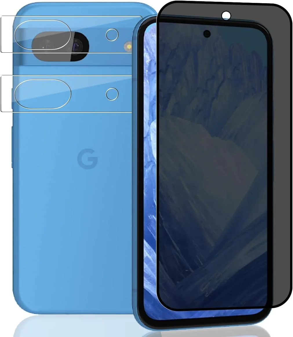 محافظ صفحه نمایش حریم خصوصی Yieehhow برای Google Pixel 8A شیشه حرارت دیده، [بسته 2 عددی] محافظ دوربین شیشه حرارت دیده و [1 عدد] شیشه محافظ ضد جاسوسی با سختی 9H، فیلم شیشه ای حرارت دیده بدون حباب
