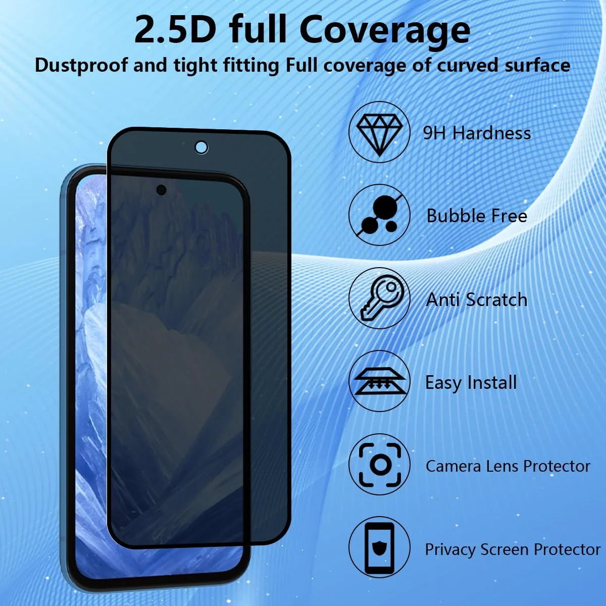 محافظ صفحه نمایش حریم خصوصی Yieehhow برای Google Pixel 8A شیشه حرارت دیده، [بسته 2 عددی] محافظ دوربین شیشه حرارت دیده و [1 عدد] شیشه محافظ ضد جاسوسی با سختی 9H، فیلم شیشه ای حرارت دیده بدون حباب