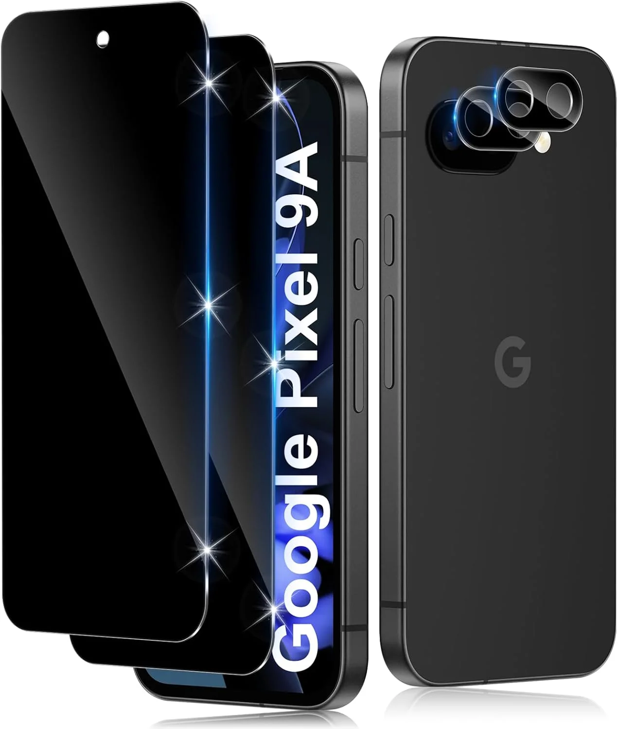 محافظ صفحه نمایش حریم خصوصی Funrae برای Google Pixel 9A 5G از جنس شیشه حرارت دیده با محافظ دوربین مشکی HD [2+2 تکه]، محافظ صفحه نمایش ضد خش و ضد جاسوسی با سختی 9H