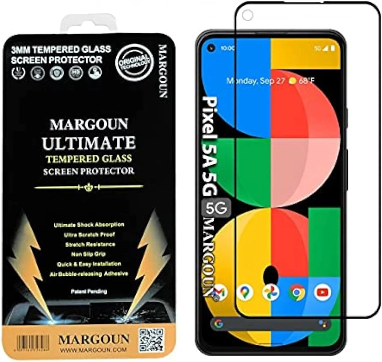 محافظ صفحه نمایش مارگون برای گوگل پیکسل 5a 5G سایز 6.34 اینچ، شیشه حرارت دیده ممتاز با پوشش کامل، نصب آسان با قاب، بدون حباب