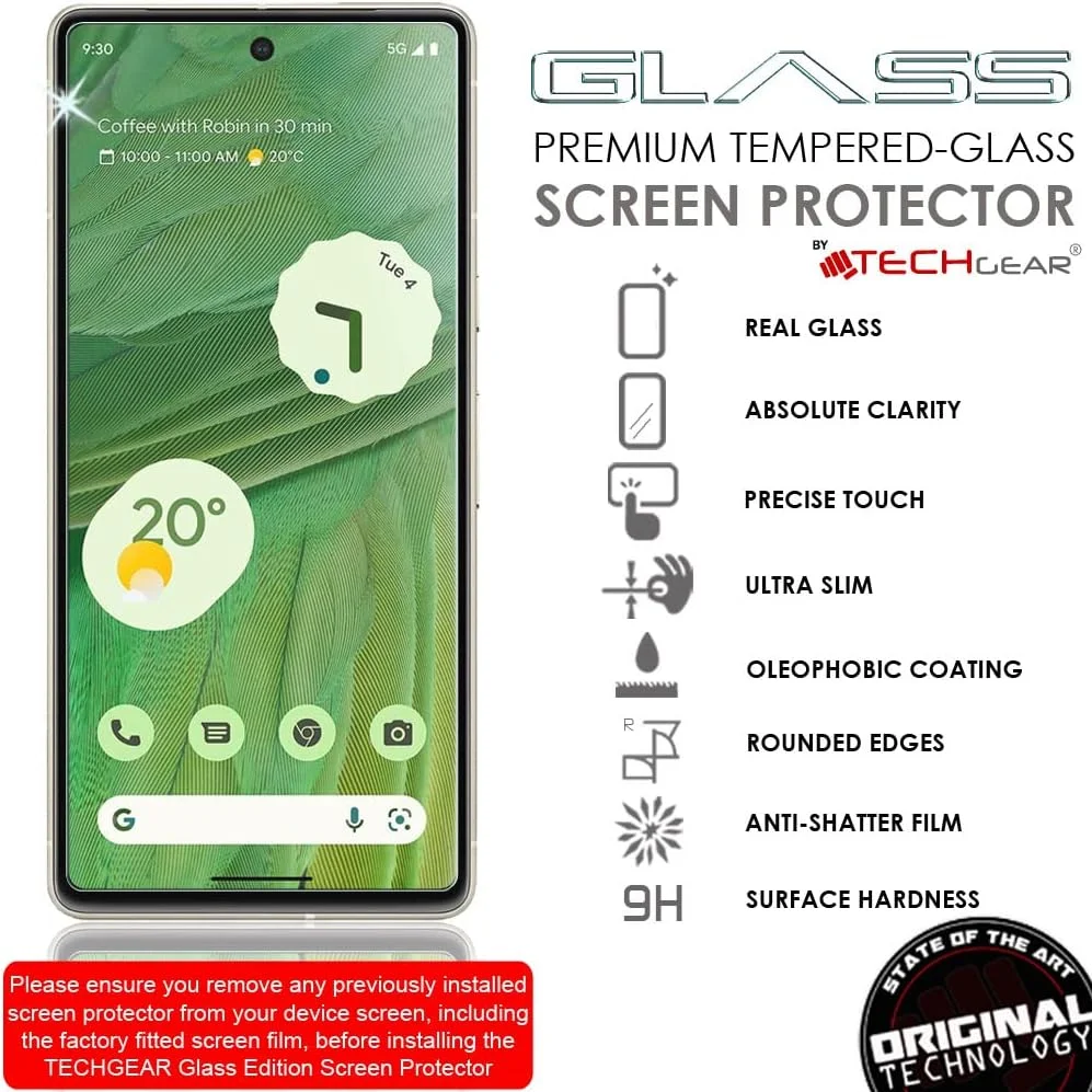 محافظ صفحه نمایش شیشه ای TECHGEAR سازگار با گوگل پیکسل 7، محافظ صفحه نمایش شیشه حرارت دیده (لبه گرد 2.5 بعدی) [سختی 9H] [شفافیت کریستالی] [مقاوم در برابر خراش] [بدون حباب]