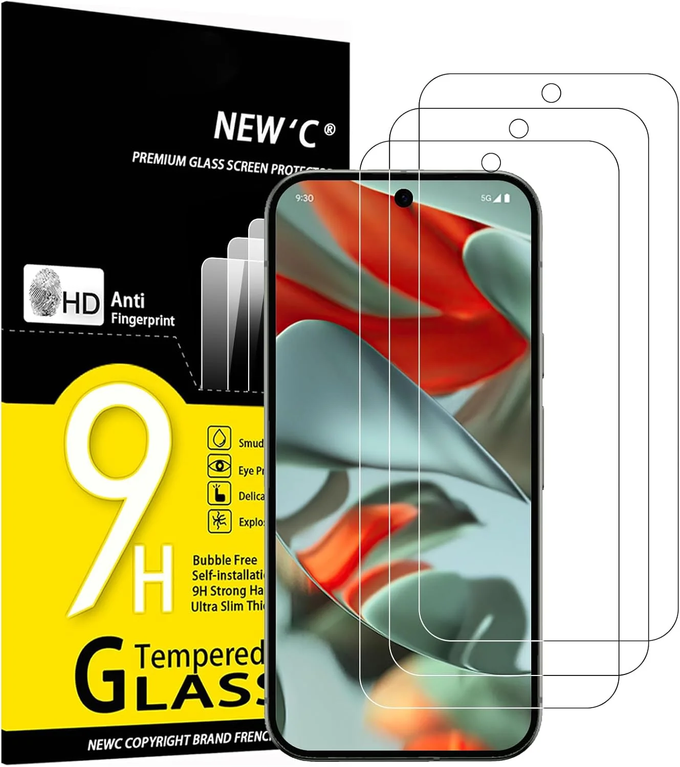 محافظ صفحه نمایش شیشه ای حرارت دیده NEW'C برای Google Pixel 9 Pro XL، ضد خش، سختی 9H، محافظ صفحه نمایش HD، 0.33 میلی متر فوق العاده شفاف، فوق العاده مقاوم، بسته 3 عددی