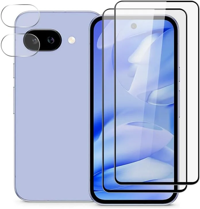 محافظ صفحه نمایش سازگار با Google Pixel 9a از QJONSIU، [2 عدد] محافظ صفحه نمایش تمام صفحه، [2 عدد] محافظ لنز دوربین شیشه ای حرارت دیده شفاف HD، [ضد خش]
