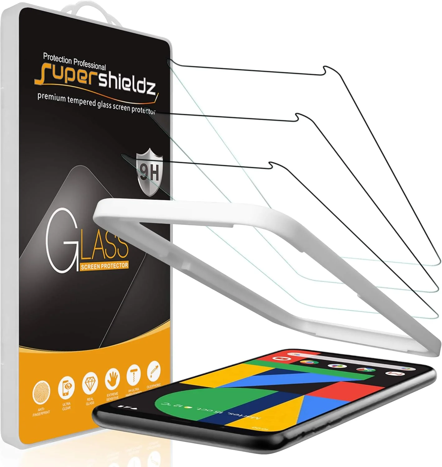 محافظ صفحه نمایش شیشه ای حرارت دیده سوپرشیلدز (3 عددی) طراحی شده برای گوگل پیکسل 4 به همراه (سینی نصب آسان) ضد خش و بدون حباب