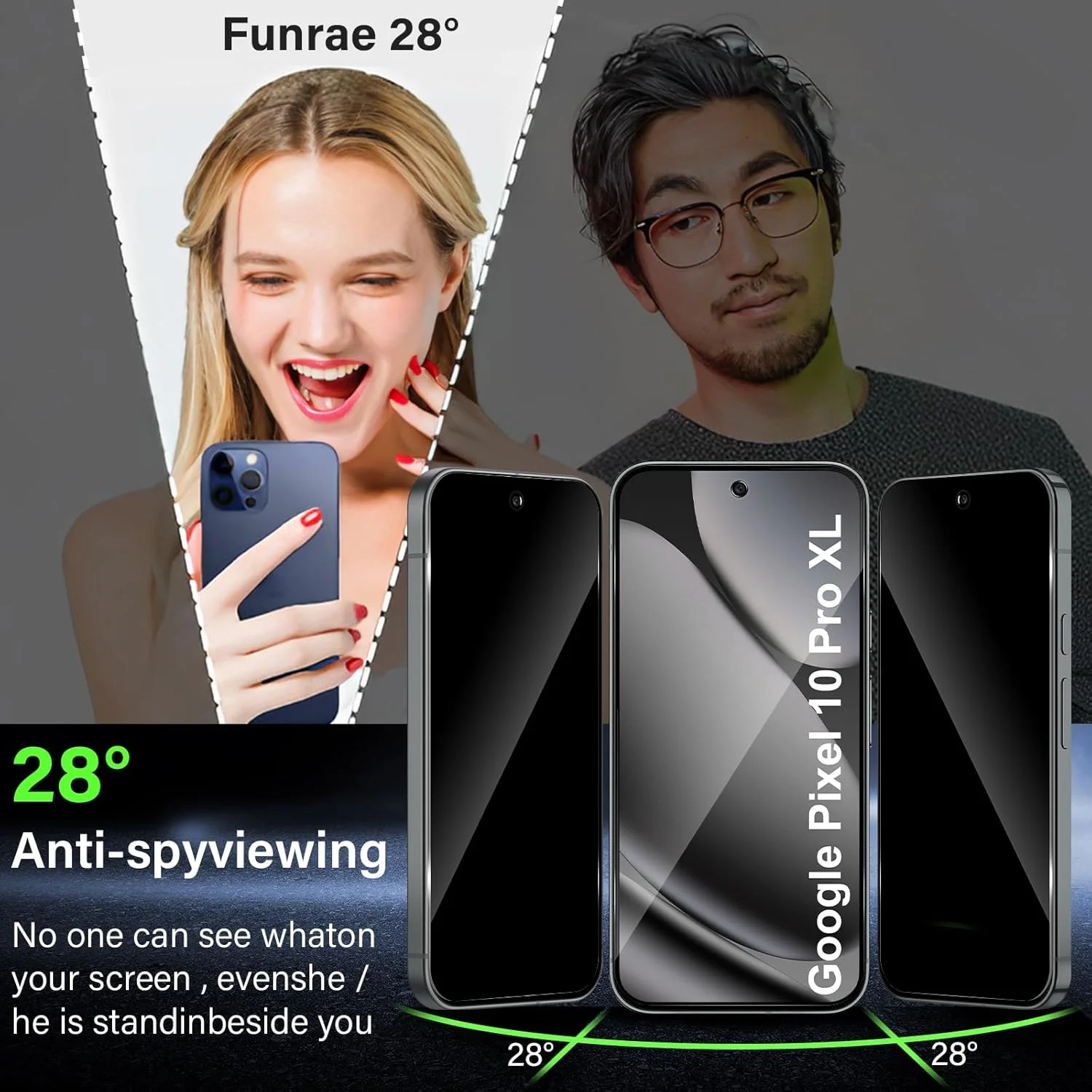 محافظ صفحه نمایش حریم خصوصی تمام صفحه Funrae برای Google Pixel 10 Pro XL/Pixel 9 Pro XL از جنس شیشه حرارت دیده، فیلم ضد جاسوسی با سختی 9H، شیشه محافظ حریم خصوصی، محافظ صفحه نمایش حریم خصوصی ضد جاسوسی [بسته]