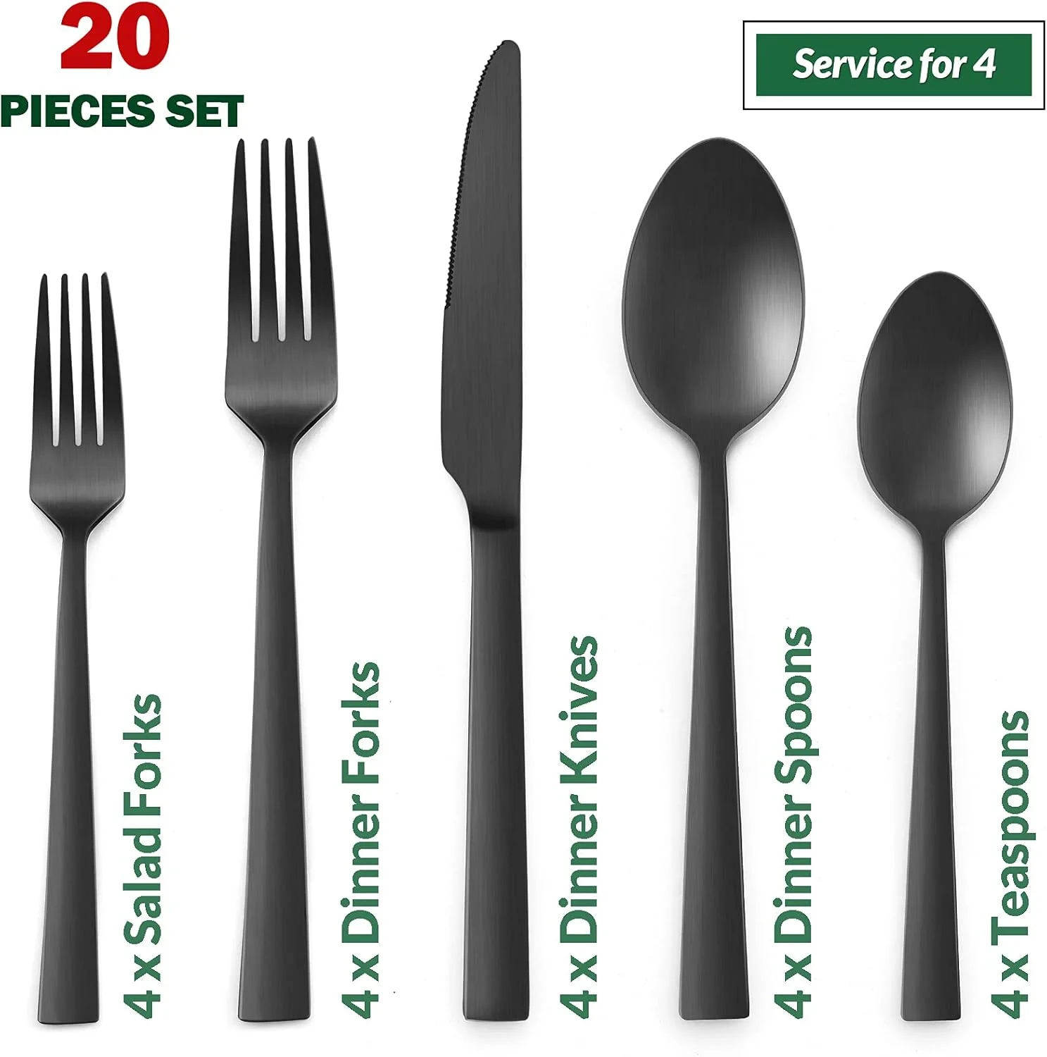 ست столовых приборов مشکی مات E-far، 20 تکه، سرویس столовых приборов استیل ضد زنگ برای 4 نفر، столовых приборов فلزی شامل چنگال/قاشق/چاقو، لبه مربعی و قابل شستشو در ماشین ظرفشویی ست столовых приборов مشکی مات E-far، 20 تکه، سرویس столовых приборов استیل ضد زنگ برای 4 نفر، столовых приборов فلزی شامل چنگال/قاشق/چاقو، لبه مربعی و قابل شستشو در ماشین ظرفشویی