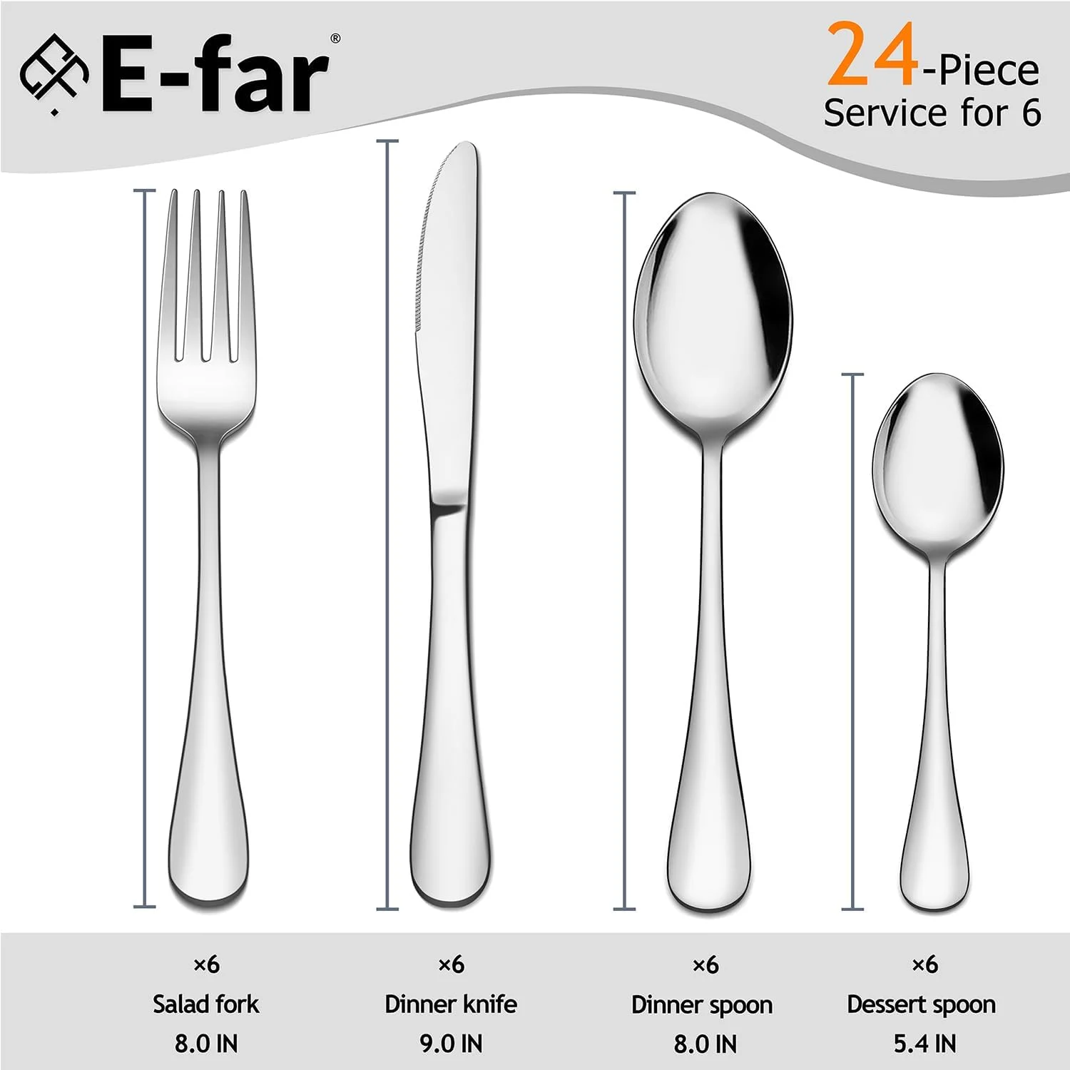 ست قاشق و چنگال 24 پارچه E-far، ست کارد و چنگال استیل ضد زنگ، لوازم غذاخوری برای 6 نفر، قاشق، چنگال، چاقو برای آشپزخانه منزل، ظروف غذاخوری برای شام، طراحی ساده و پرداخت آینه ای، قابل شستشو در ماشین ظرفشویی ست قاشق و چنگال 24 پارچه E-far، ست کارد و چنگال استیل ضد زنگ، لوازم غذاخوری برای 6 نفر، قاشق، چنگال، چاقو برای آشپزخانه منزل، ظروف غذاخوری برای شام، طراحی ساده و پرداخت آینه ای، قابل شستشو در ماشین ظرفشویی
