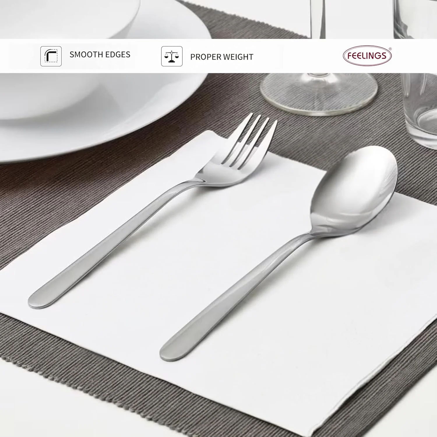 ست قاشق و چنگال 12 پارچه استیل FEELINGS | شامل 6 قاشق و 6 چنگال | کارد و چنگال با کیفیت عالی برای غذاخوری، آشپزخانه و استفاده روزمره