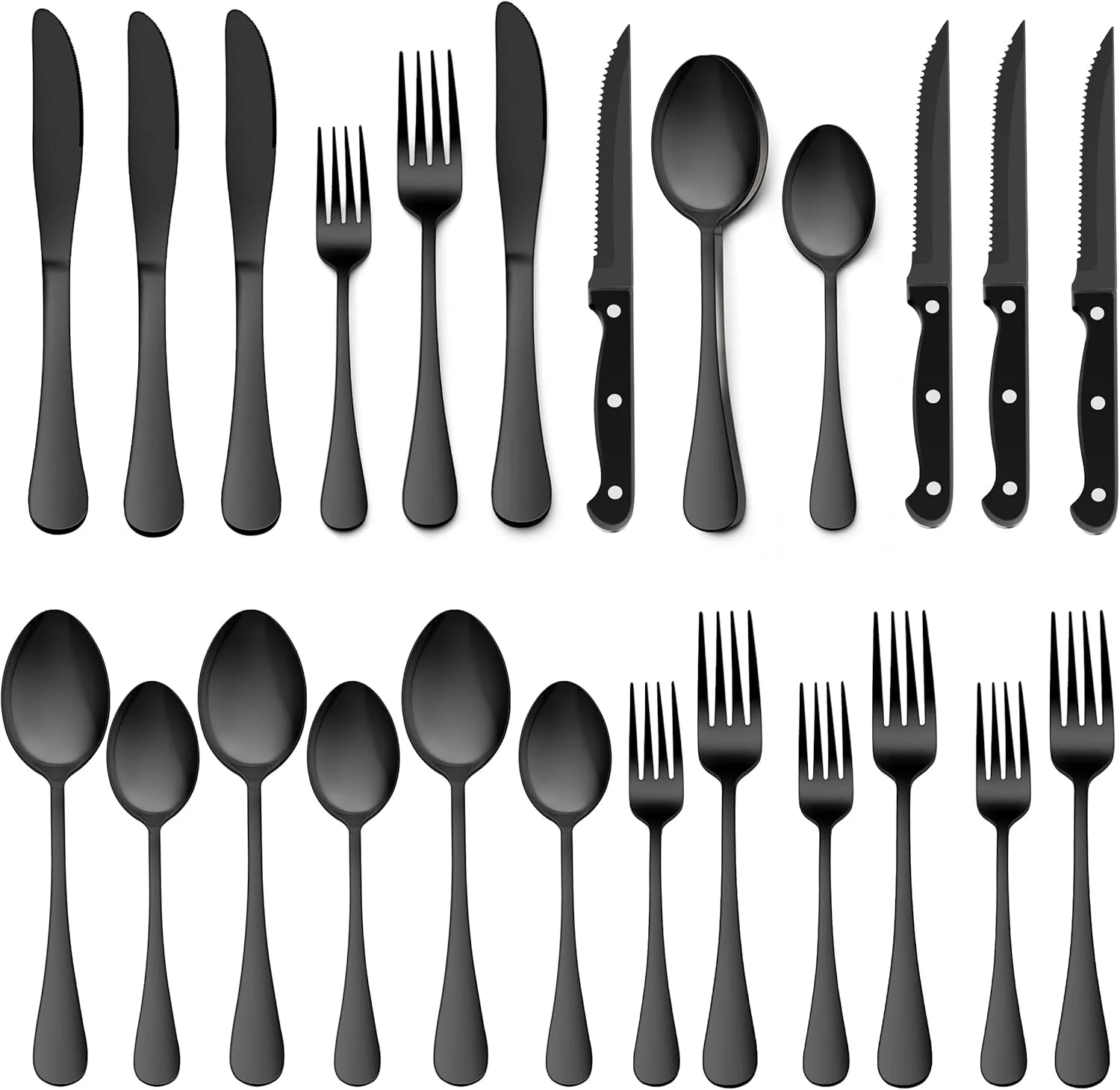 ست کارد و چنگال مشکی استیل E-far، 24 پارچه شامل کارد استیک، ست столовые приборы استیل ضد زنگ برای 4 نفر، ست столовые приборы مدرن شامل چنگال، قاشق و کارد، پرداخت آینه ای و ضد زنگ