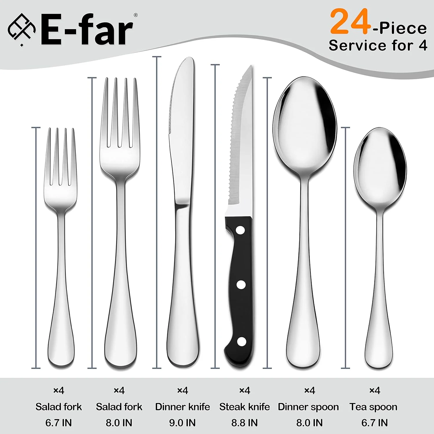 ست کارد و چنگال ۲۴ پارچه E-far، ست столовые نقره ای استیل ضد زنگ برای ۴ نفر، شامل قاشق سوپ، چنگال سالاد، چاقو استیک، طراحی ساده و پرداخت آینه ای، قابل شستشو در ماشین ظرفشویی