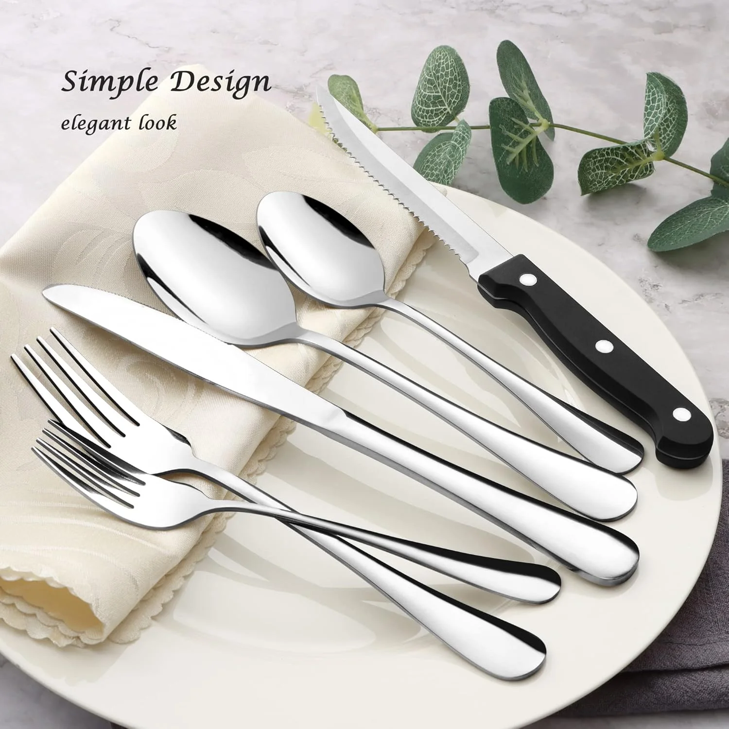 ست کارد و چنگال ۲۴ پارچه E-far، ست столовые نقره ای استیل ضد زنگ برای ۴ نفر، شامل قاشق سوپ، چنگال سالاد، چاقو استیک، طراحی ساده و پرداخت آینه ای، قابل شستشو در ماشین ظرفشویی