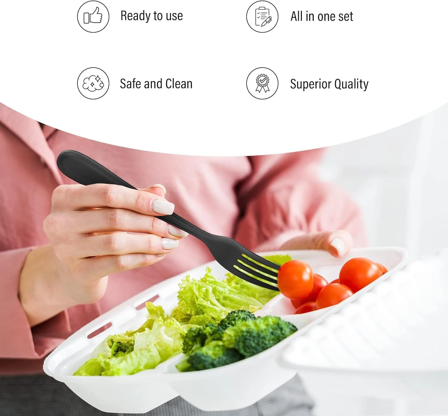 مجموعه 50 عددی کارد، چنگال و قاشق پلاستیکی مشکی سنگین وزن AL FAKHAMA همراه با دستمال کاغذی بسته بندی شده به صورت جداگانه - (50 تکه) ظروف یکبار مصرف - مناسب برای مهمانی ها یا پیک نیک. مجموعه 50 عددی کارد، چنگال و قاشق پلاستیکی مشکی سنگین وزن AL FAKHAMA همراه با دستمال کاغذی بسته بندی شده به صورت جداگانه - (50 تکه) ظروف یکبار مصرف - مناسب برای مهمانی ها یا پیک نیک.