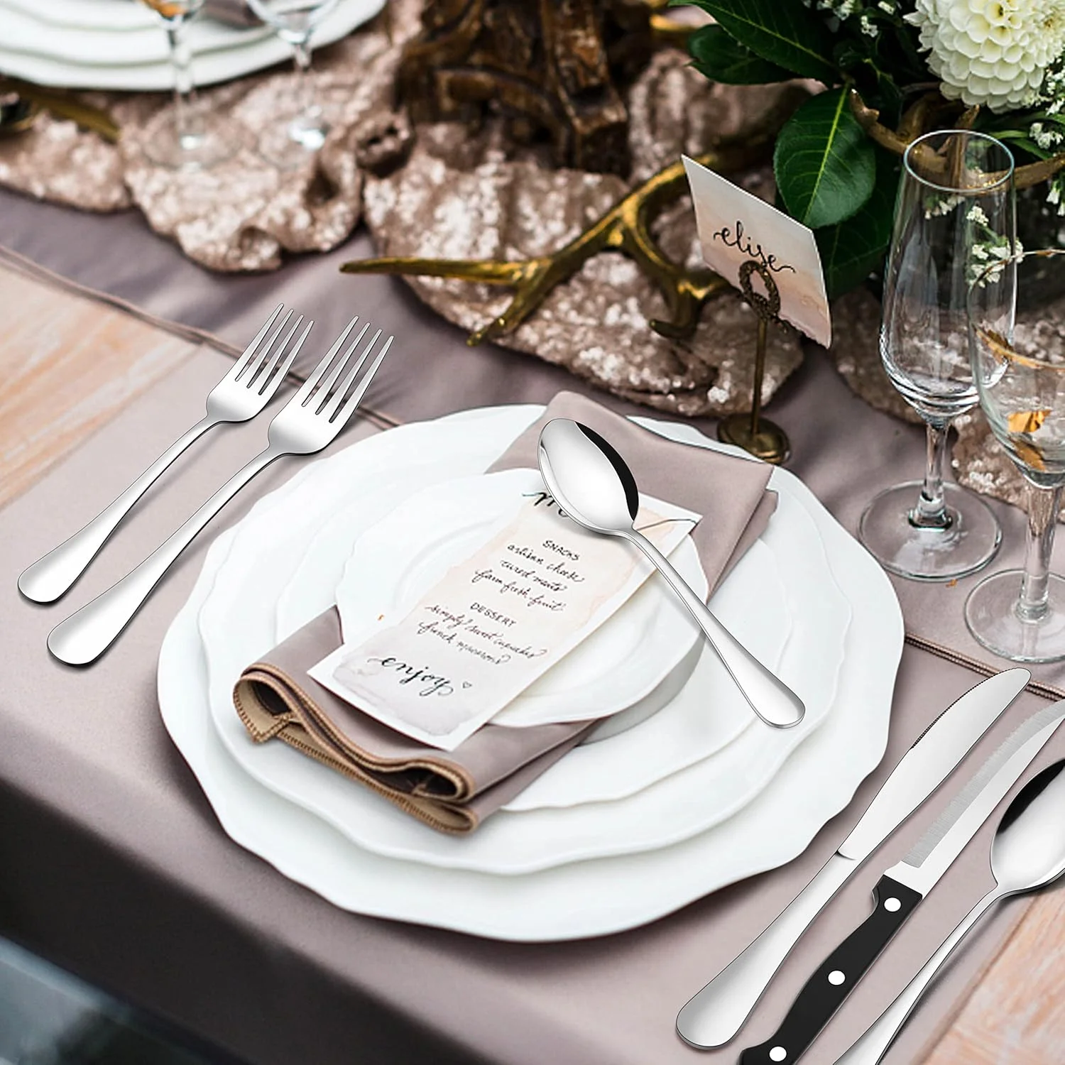 ست کارد و چنگال ۲۴ پارچه E-far، ست столовые نقره ای استیل ضد زنگ برای ۴ نفر، شامل قاشق سوپ، چنگال سالاد، چاقو استیک، طراحی ساده و پرداخت آینه ای، قابل شستشو در ماشین ظرفشویی