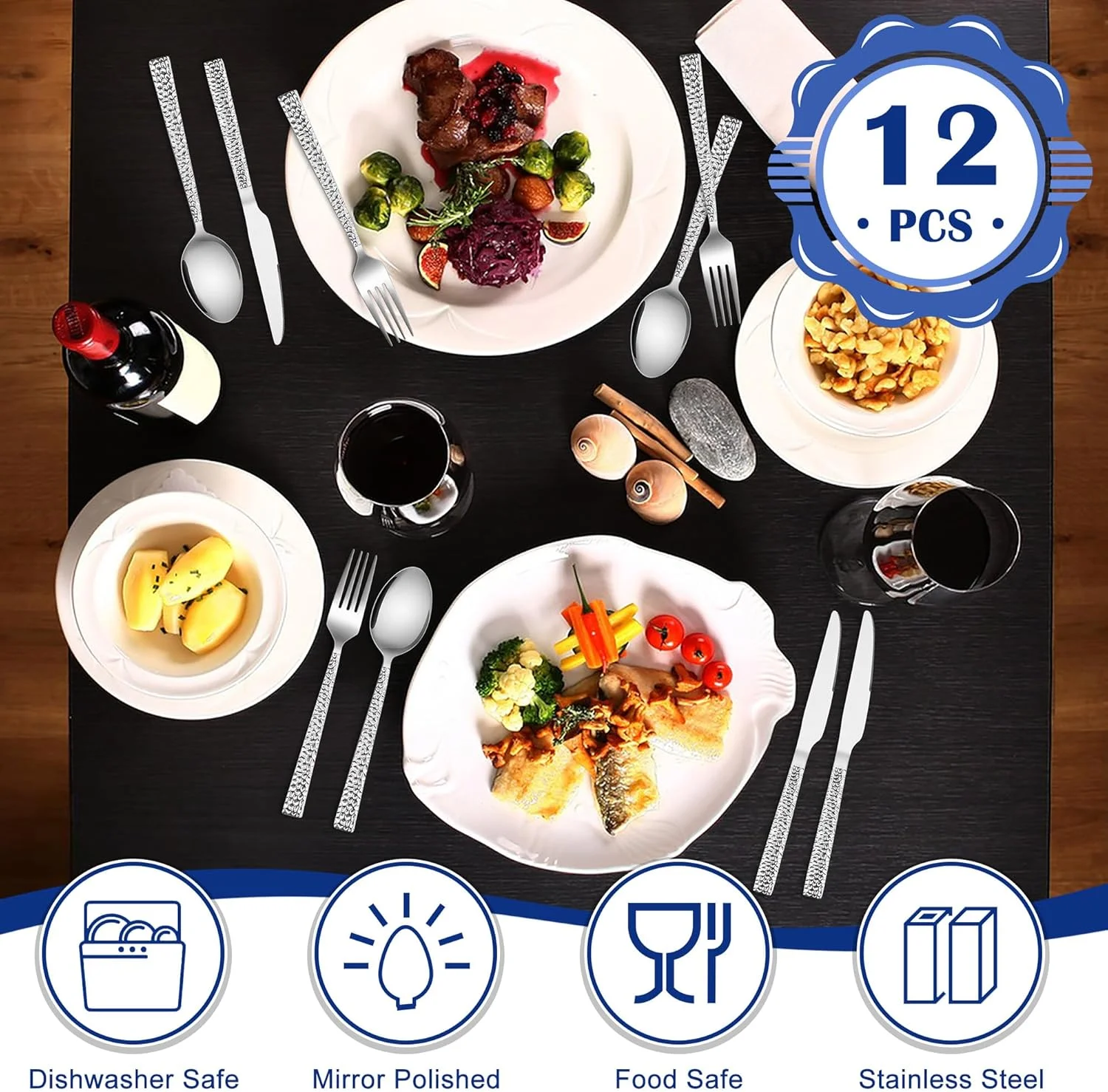 ست قاشق، چنگال و چاقو 12 پارچه چکشی E-far، ست نقره ای برای 4 نفر، ست کارد و چنگال استیل ضد زنگ مربعی برای آشپزخانه منزل رستوران، پرداخت آینه ای و قابل شستشو در ماشین ظرفشویی ست قاشق، چنگال و چاقو 12 پارچه چکشی E-far، ست نقره ای برای 4 نفر، ست کارد و چنگال استیل ضد زنگ مربعی برای آشپزخانه منزل رستوران، پرداخت آینه ای و قابل شستشو در ماشین ظرفشویی