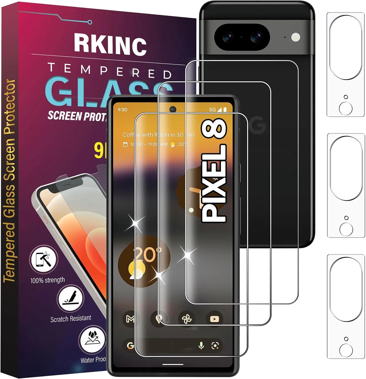محافظ صفحه نمایش شیشه ای حرارت دیده RKINC برای گوگل پیکسل 8 به همراه محافظ دوربین، 3 + 3 عدد، محافظ صفحه نمایش HD حرارت دیده، ضد خش، بدون حباب، سختی 9H، شفافیت HD