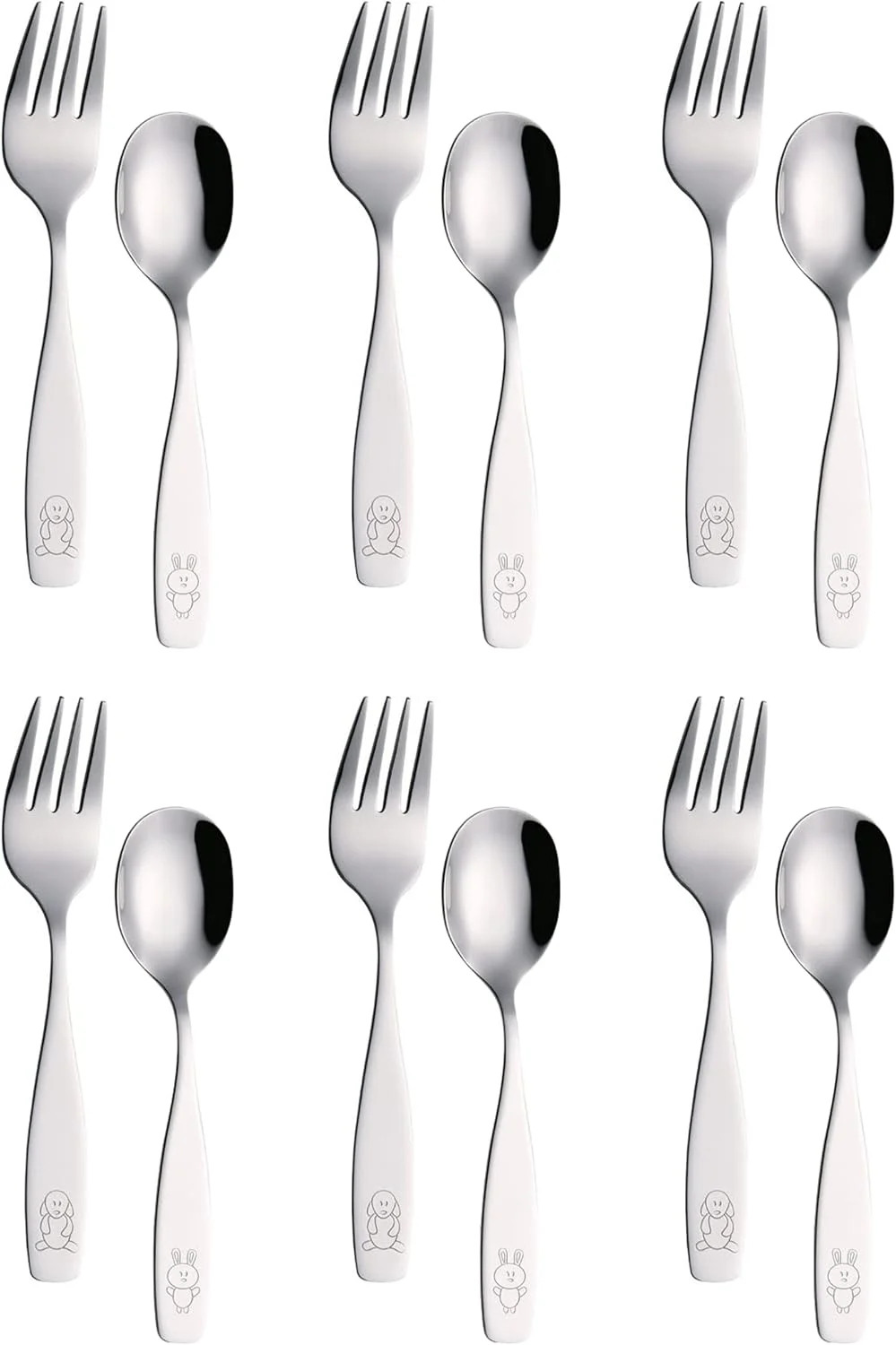 ست столовых приборов 12 تکه استیل ضد زنگ Exzact برای کودکان - 6 عدد چنگال و 6 عدد قاشق - لوازم غذاخوری/ столовых приборов برای کودکان نوپا - حکاکی سگ و خرگوش