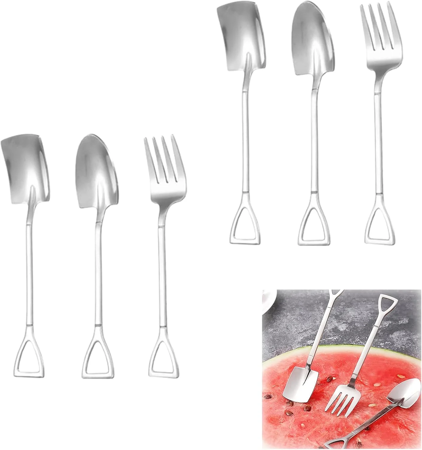 ست قاشق و چنگال بیلچه ای استیل Duomama - 6 تکه، قاشق چای خوری بیلچه ای خلاقانه برای خانواده و مهمانی، شامل چنگال های رومیزی جدید