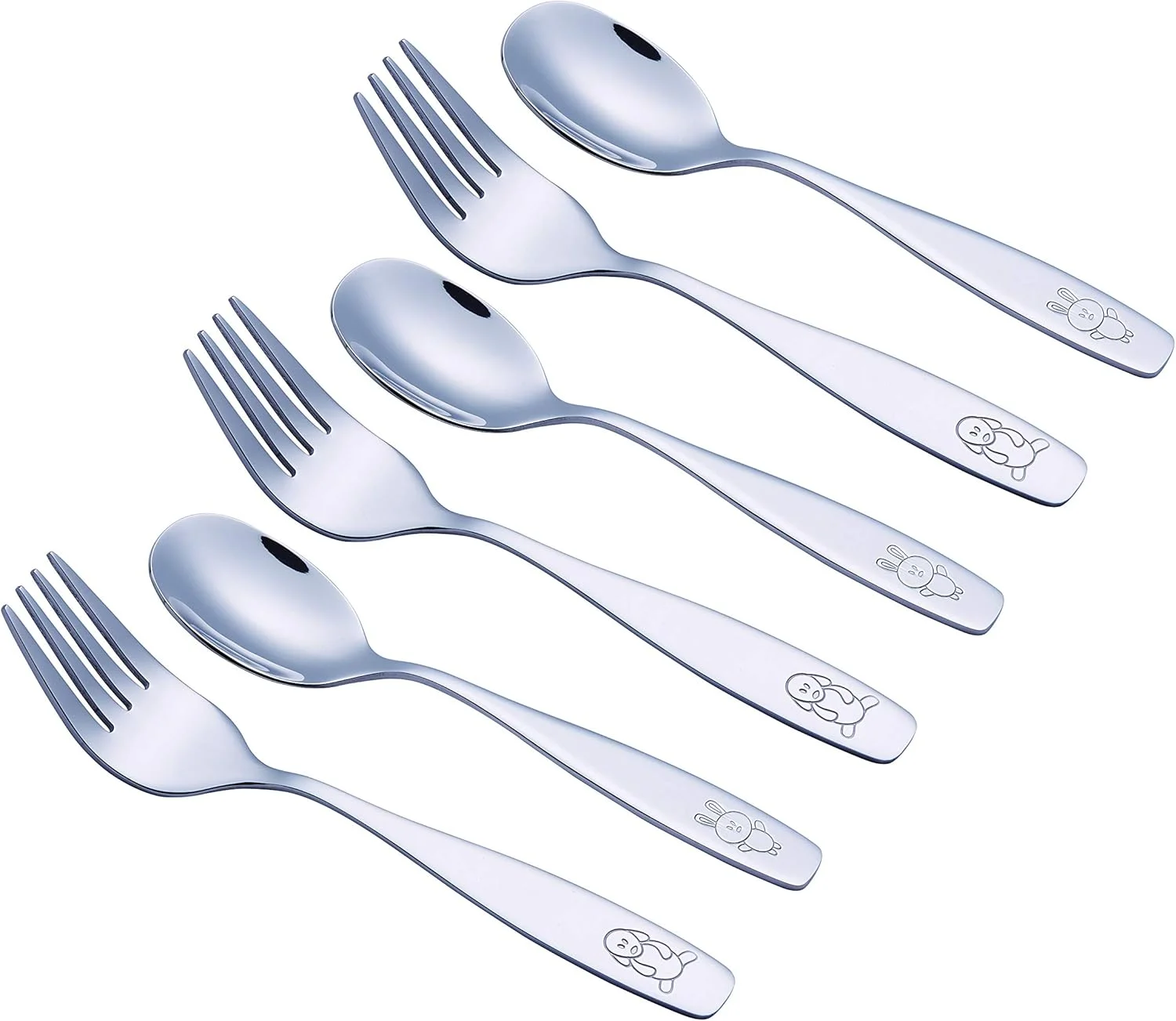 ست قاشق و چنگال استیل 6 تکه کودکانه Exzact / ست چنگال و قاشق کودک / لوازم غذاخوری کودک - 3 عدد چنگال، 3 عدد قاشق غذاخوری - طرح سگ و خرگوش