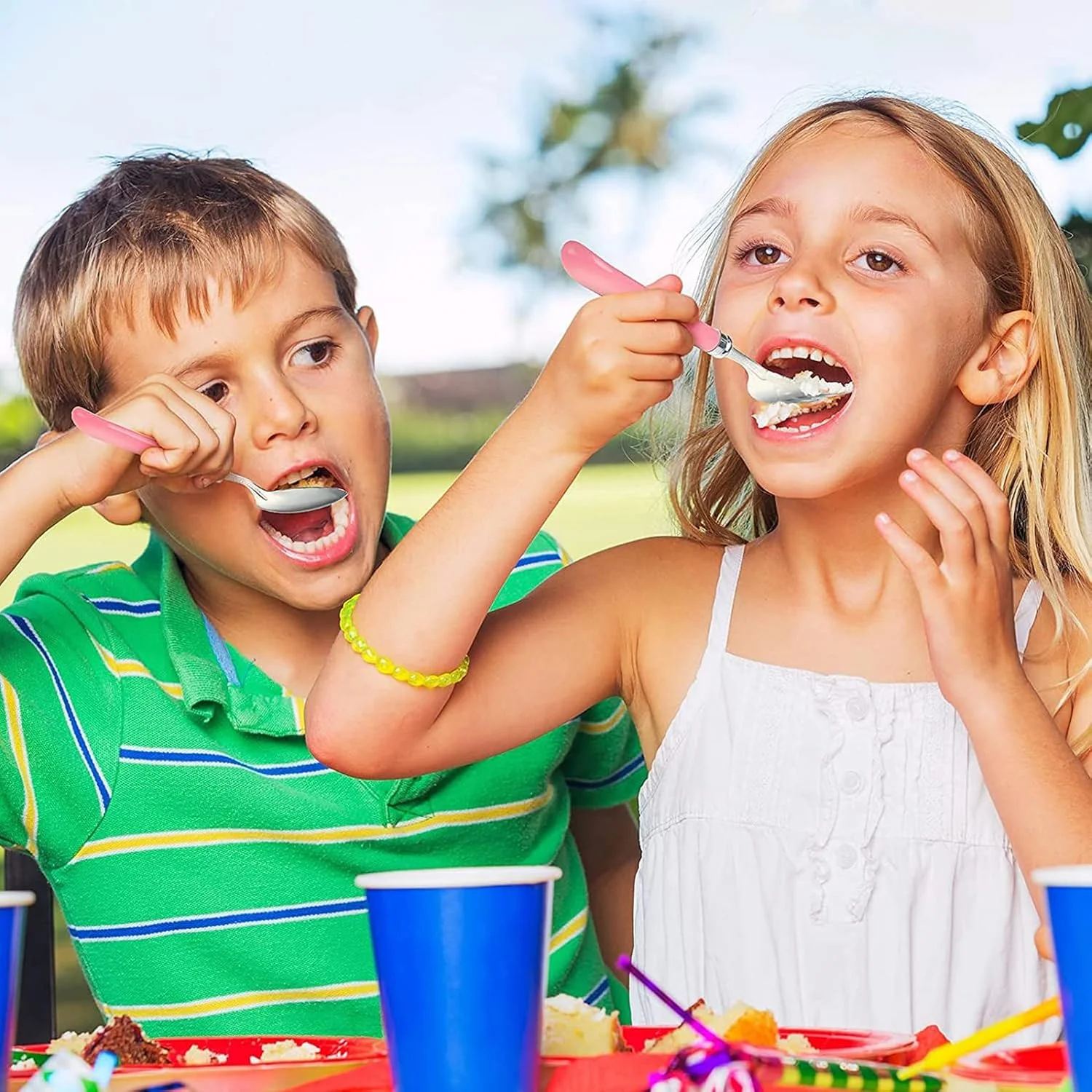 ست قاشق و چنگال استیل کودک ELECDON با دسته سیلیکونی گرد و ایمن به همراه جعبه مسافرتی (3 ست)