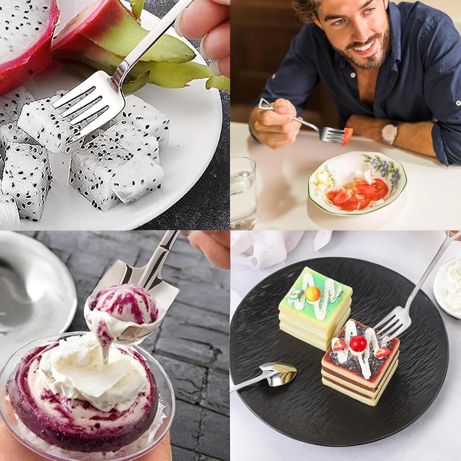 ست قاشق و چنگال بیلچه ای استیل Duomama - 6 تکه، قاشق چای خوری بیلچه ای خلاقانه برای خانواده و مهمانی، شامل چنگال های رومیزی جدید