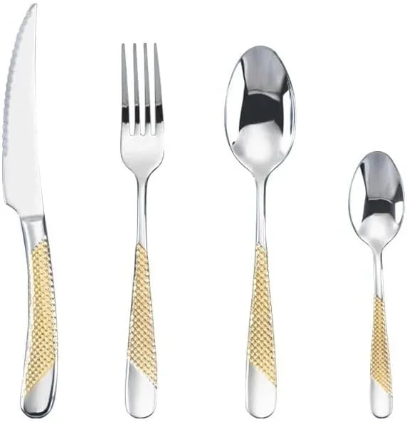 استلار شاپ ست کارد و چنگال 4 تکه لوازم غذاخوری آشپزخانه ست کارد و چنگال استیل ظروف لوکس چاقو قاشق چنگال ست شام غربی طلایی