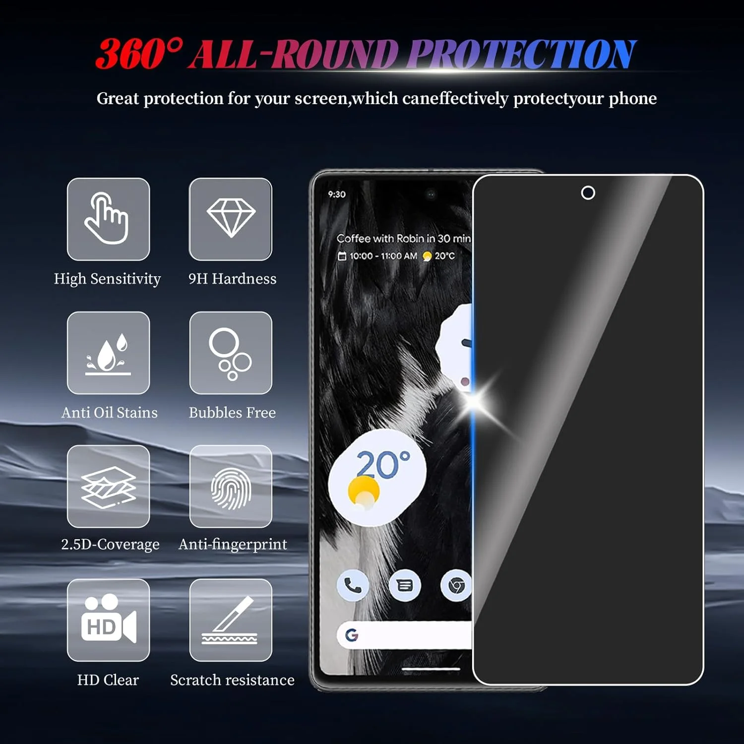 محافظ صفحه نمایش حریم خصوصی کولایک برای گوگل پیکسل 7، محافظ صفحه نمایش ضد جاسوسی، فیلم شیشه ای حرارت دیده ضد جاسوسی، فیلم حریم خصوصی، سختی 9H، ضد خش، ضد ضربه (بسته 2 عددی)