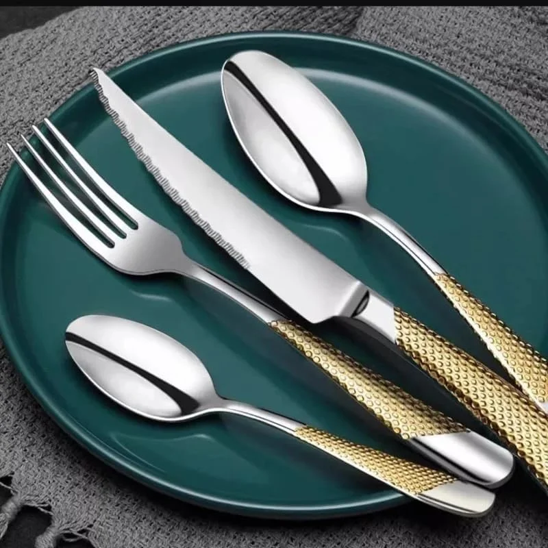 استلار شاپ ست کارد و چنگال 4 تکه لوازم غذاخوری آشپزخانه ست کارد و چنگال استیل ظروف لوکس چاقو قاشق چنگال ست شام غربی طلایی استلار شاپ ست کارد و چنگال 4 تکه لوازم غذاخوری آشپزخانه ست کارد و چنگال استیل ظروف لوکس چاقو قاشق چنگال ست شام غربی طلایی