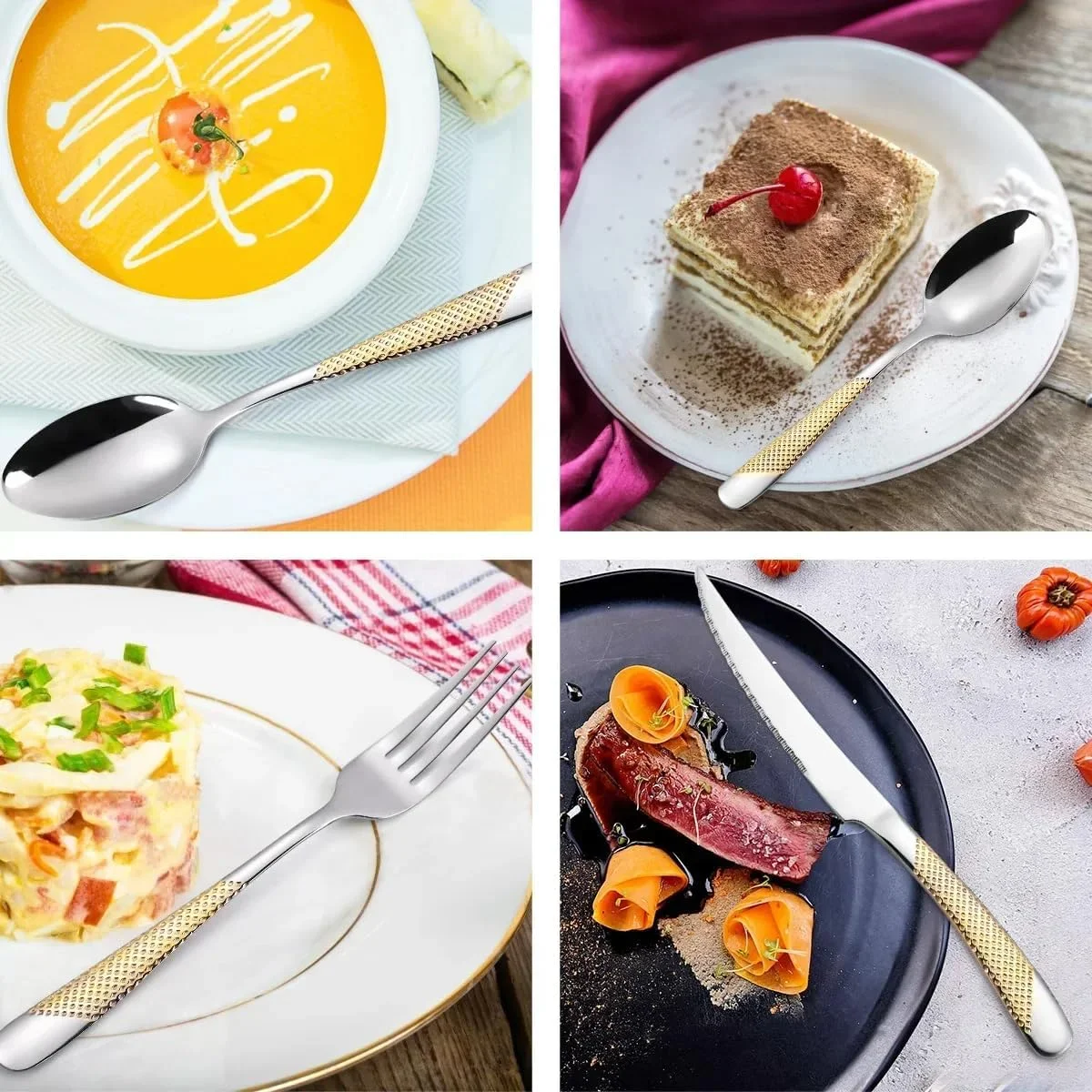 استلار شاپ ست کارد و چنگال 4 تکه لوازم غذاخوری آشپزخانه ست کارد و چنگال استیل ظروف لوکس چاقو قاشق چنگال ست شام غربی طلایی استلار شاپ ست کارد و چنگال 4 تکه لوازم غذاخوری آشپزخانه ست کارد و چنگال استیل ظروف لوکس چاقو قاشق چنگال ست شام غربی طلایی