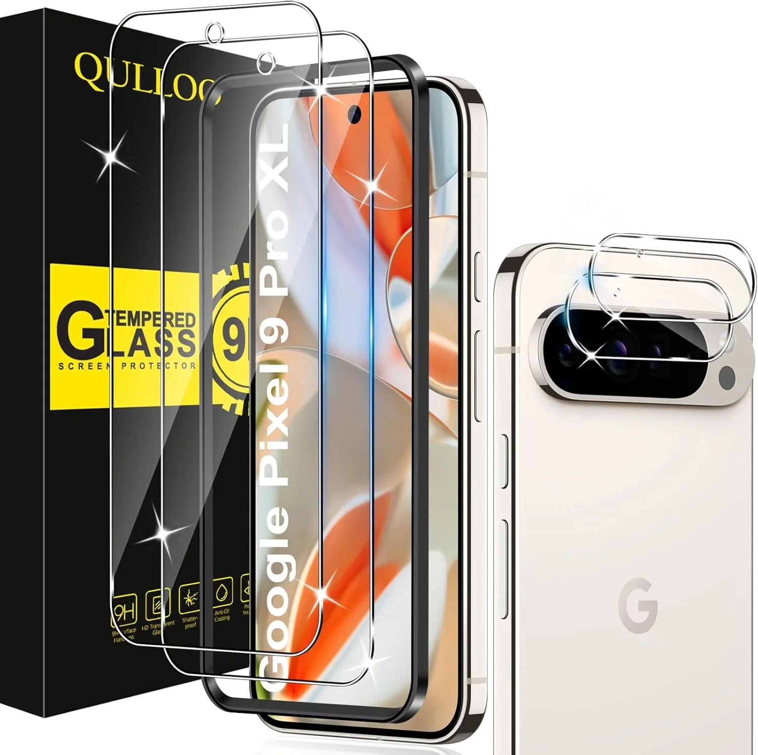محافظ صفحه نمایش QULLOO برای Google Pixel 9 Pro XL 5G، بسته 2 عددی شیشه حرارت دیده با سختی 9H، شفاف HD، ضد آب و ضد اثر انگشت