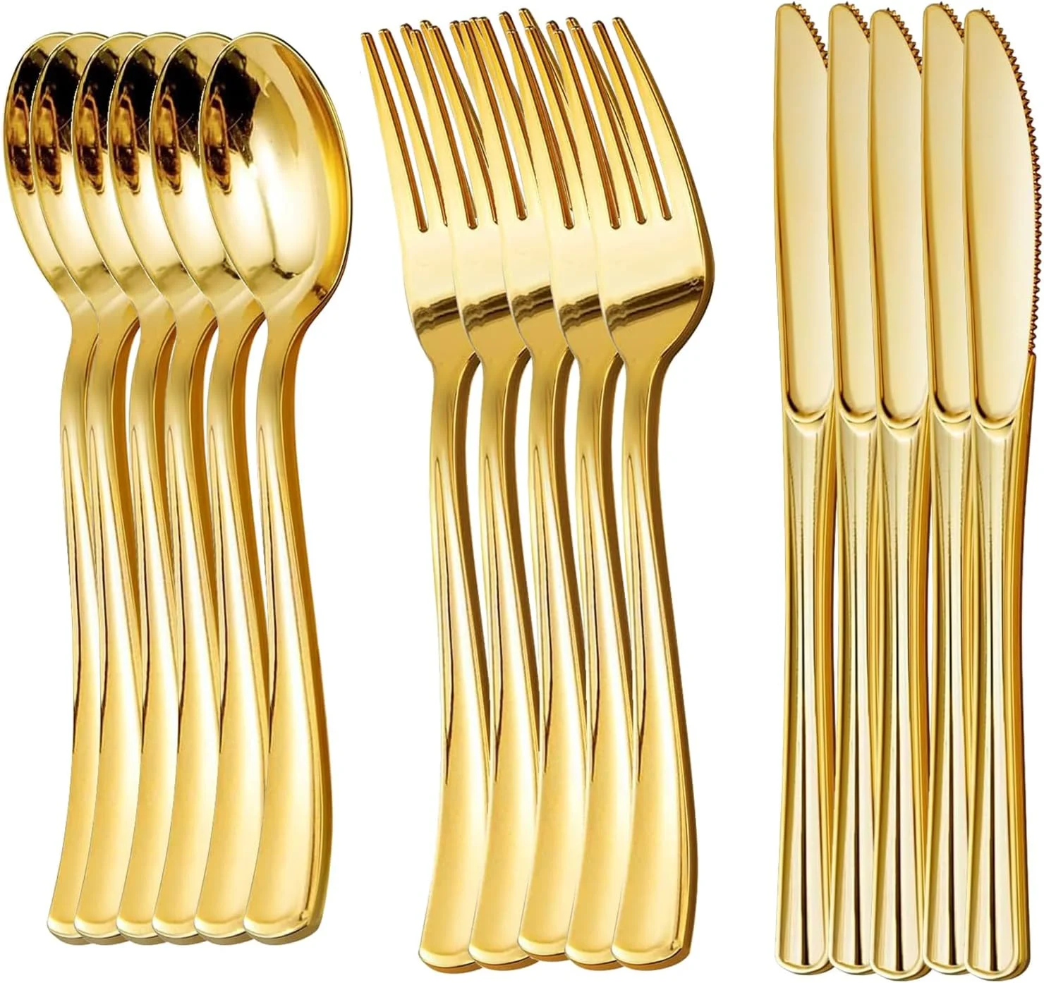 ست کارد، چنگال و قاشق پلاستیکی یکبار مصرف نقره ای و طلایی، شامل 25 چنگال، 25 قاشق و 25 کارد مناسب برای عروسی، مهمانی، تولد و تعطیلات ست کارد، چنگال و قاشق پلاستیکی یکبار مصرف نقره ای و طلایی، شامل 25 چنگال، 25 قاشق و 25 کارد مناسب برای عروسی، مهمانی، تولد و تعطیلات