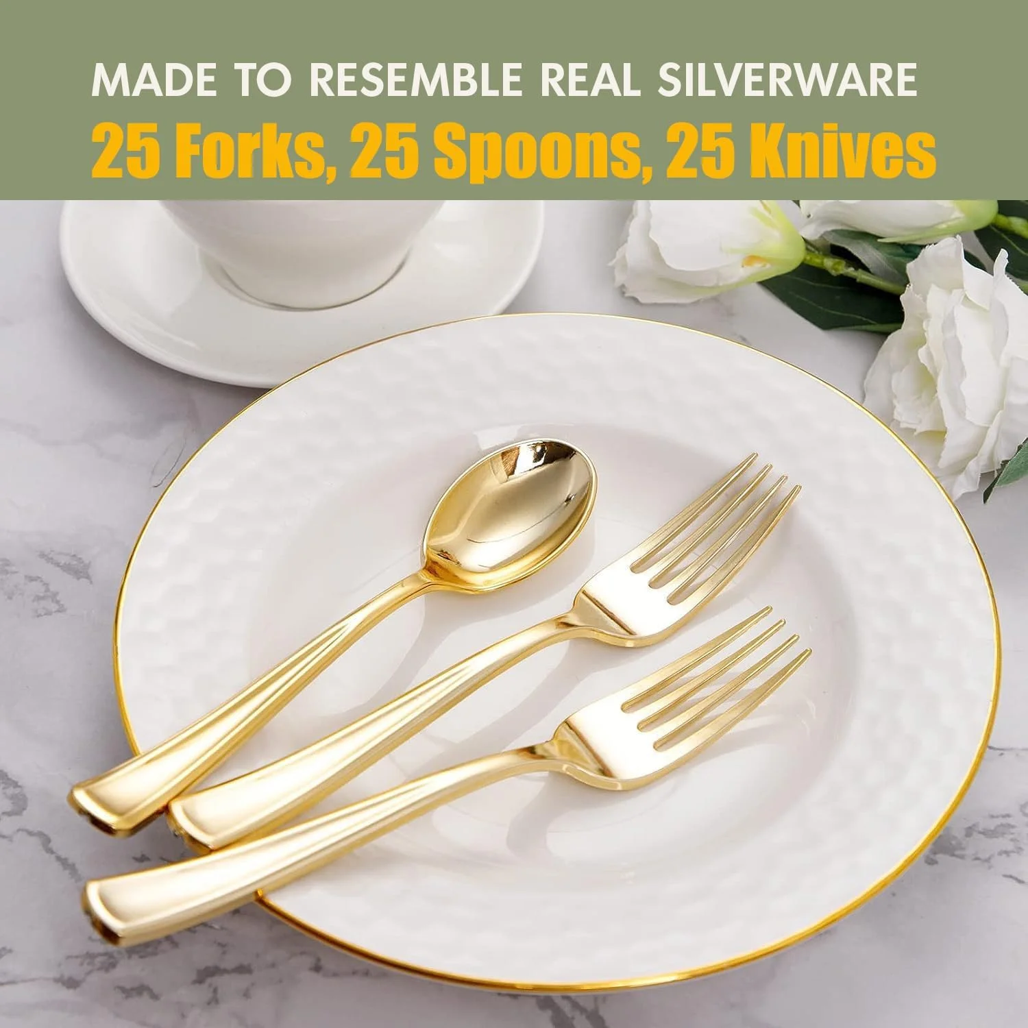 ست کارد، چنگال و قاشق پلاستیکی یکبار مصرف نقره ای و طلایی، شامل 25 چنگال، 25 قاشق و 25 کارد مناسب برای عروسی، مهمانی، تولد و تعطیلات