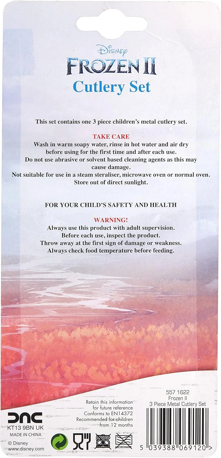 ست کارد، چنگال و قاشق 3 تکه فروزن 2 دیزنی - فلزی، قابل استفاده مجدد، مناسب کودکان، سایز کودکانه، ساخته شده از استیل ضد زنگ ایمن برای مواد غذایی و پلاستیک ABS - با طرح السا، آنا و اولاف - برای 12 ماه به بالا، 18/8