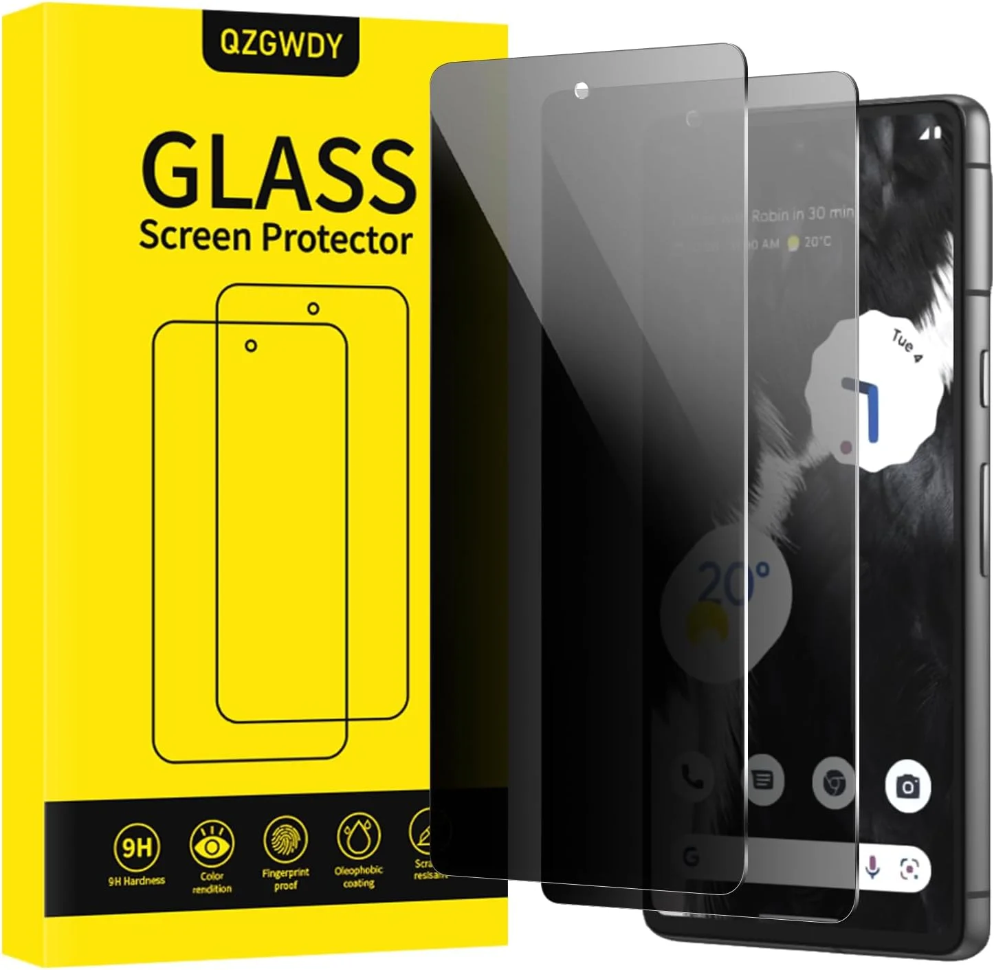 محافظ صفحه نمایش شیشه ای حریم خصوصی QZGWDY برای گوگل پیکسل 7، بسته 2 عددی، بدون حباب، سختی 9H، نصب آسان