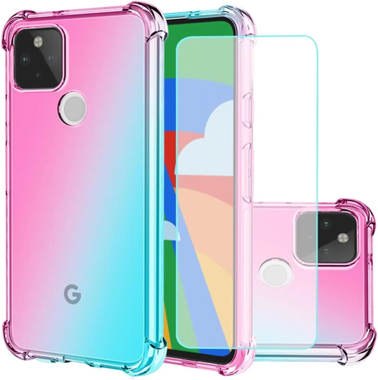 قاب گوشی Jhxtech برای گوگل پیکسل 5 (مناسب پیکسل 5a نیست) به همراه محافظ صفحه نمایش شیشه ای حرارت دیده [2 عدد]، قاب محافظ TPU باریک ضد خش با گرادیان شفاف (صورتی/سبز)