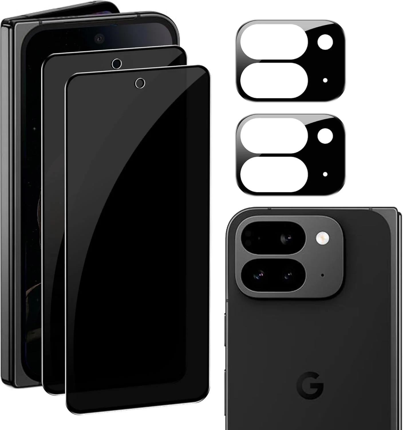 محافظ صفحه نمایش حریم خصوصی Gruattreay سازگار با Google Pixel 9 Pro Fold، [بسته 2 عددی] محافظ صفحه نمایش شیشه ای حرارت دیده ضد جاسوسی به همراه [بسته 2 عددی] محافظ لنز دوربین شیشه ای حرارت دیده سختی 9H