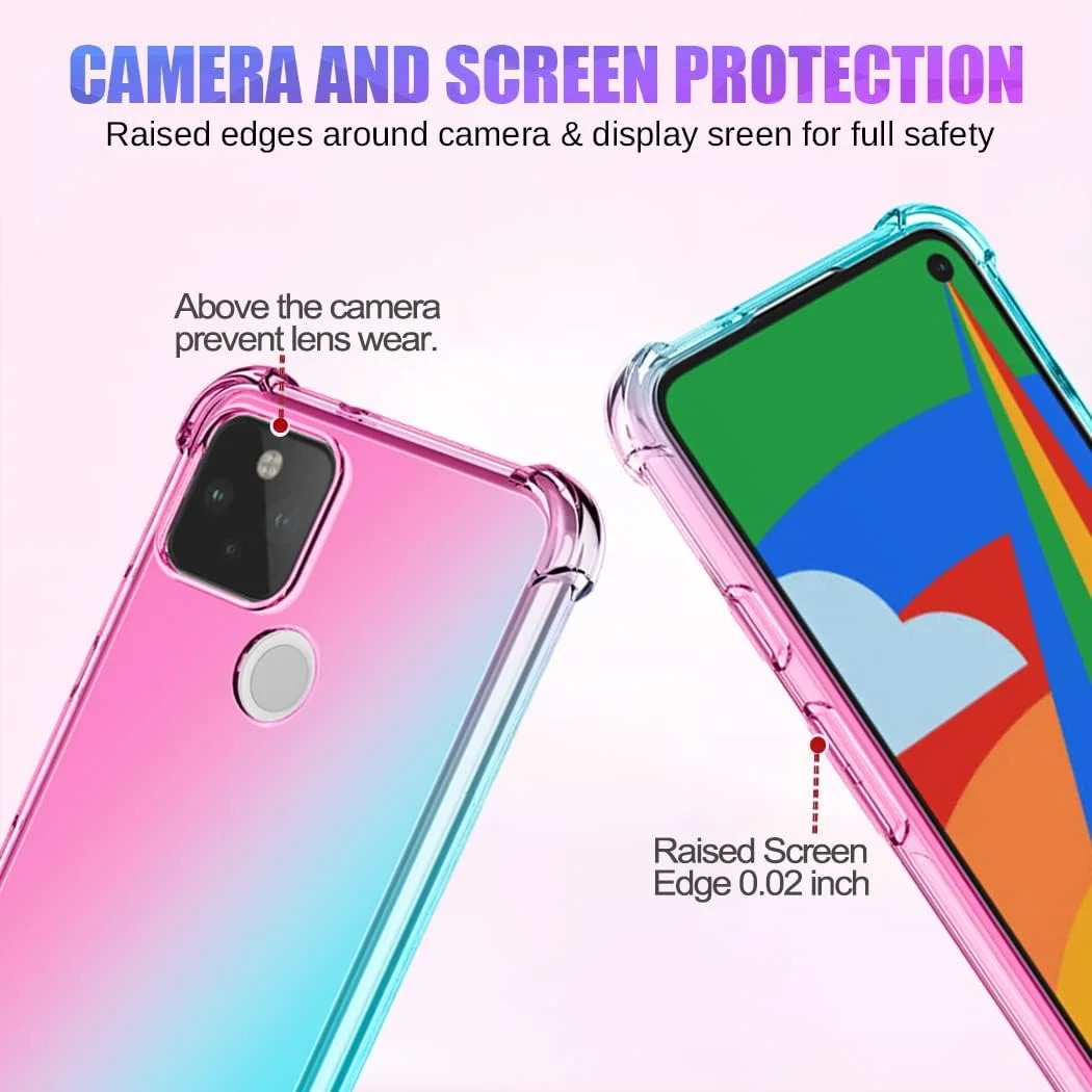 قاب گوشی Jhxtech برای گوگل پیکسل 5 (مناسب پیکسل 5a نیست) به همراه محافظ صفحه نمایش شیشه ای حرارت دیده [2 عدد]، قاب محافظ TPU باریک ضد خش با گرادیان شفاف (صورتی/سبز)