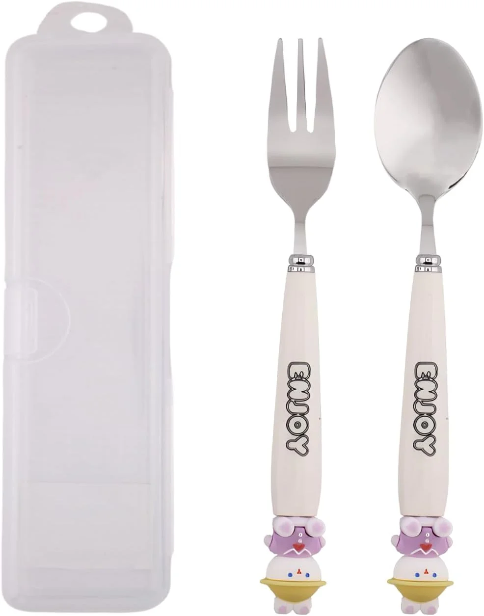 ست قاشق و چنگال کودکانه طرح تدی CRAVISTA به همراه جعبه - ست 2 تکه استیل ضد زنگ بدون BPA شامل قاشق، چنگال و جعبه برای جعبه ناهار، پیک نیک و مسافرت (سفید)