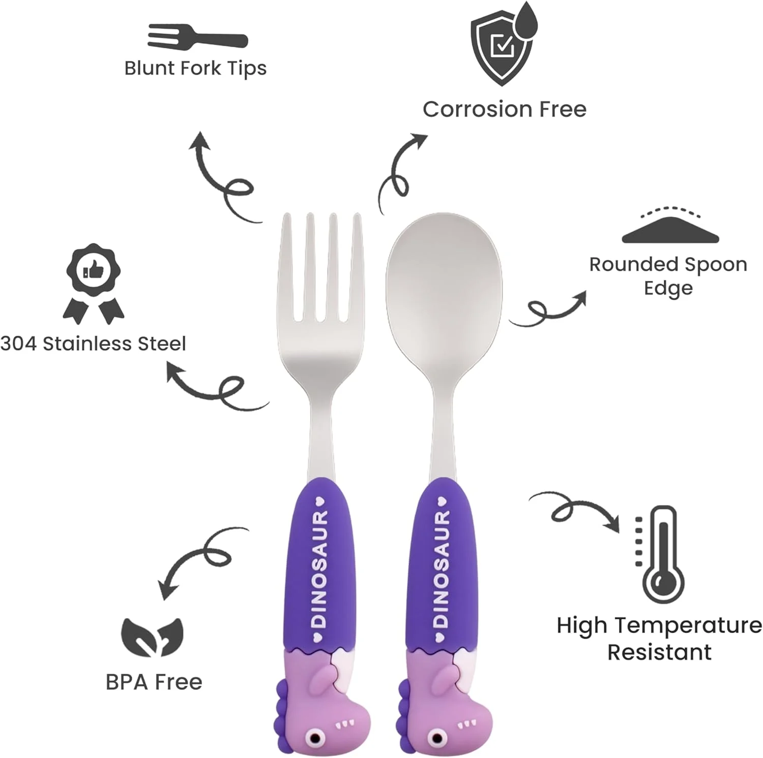 ست قاشق و چنگال استیل ضد زنگ کودک CRAVISTA همراه با جعبه | قاشق و چنگال استیل برای کودکان | ظروف قابل حمل برای جعبه ناهار، مسافرت، پیک نیک | وسایل غذاخوری کودک نوپا، ست قاشق و چنگال دایناسور (بنفش)