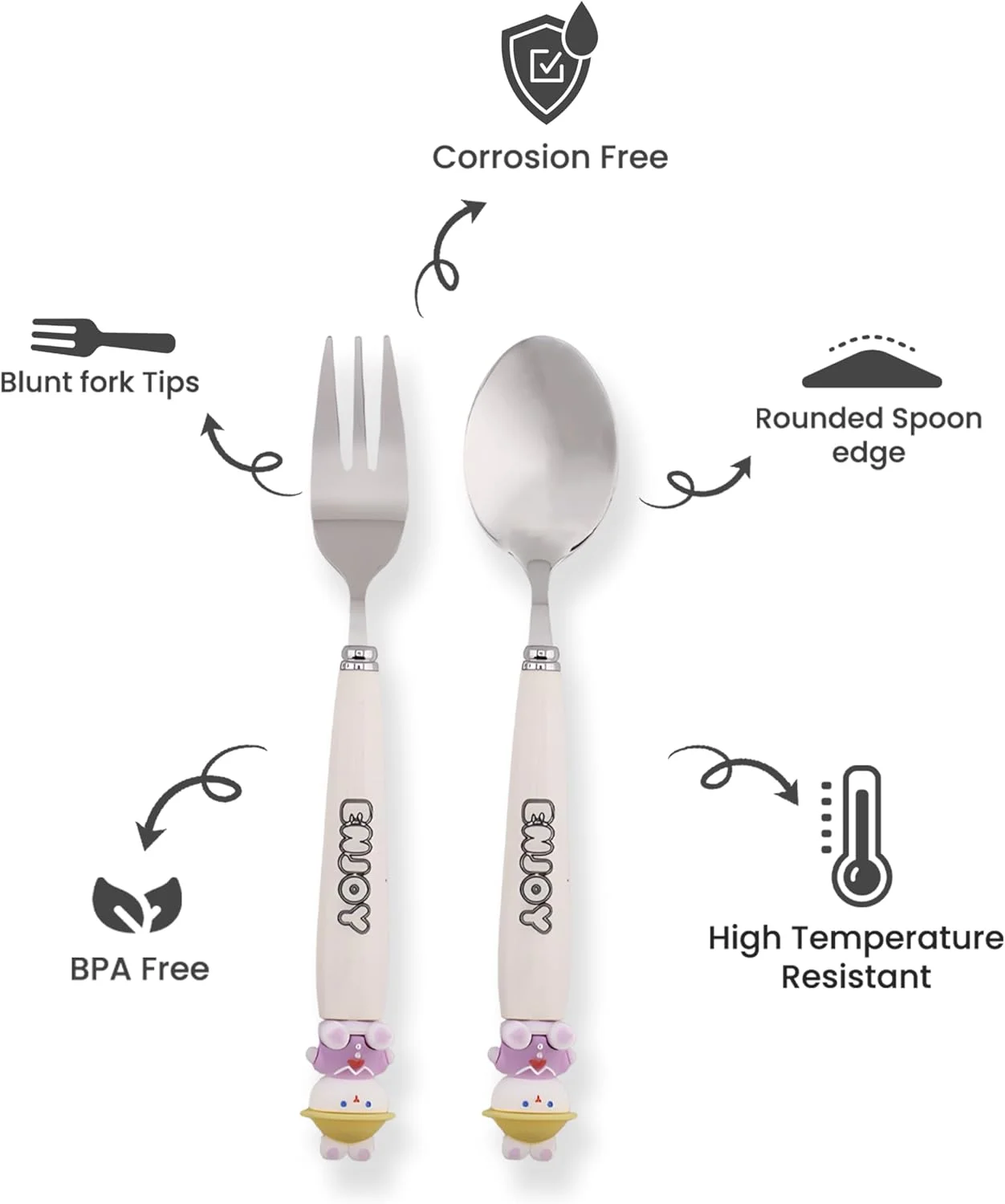 ست قاشق و چنگال کودکانه طرح تدی CRAVISTA به همراه جعبه - ست 2 تکه استیل ضد زنگ بدون BPA شامل قاشق، چنگال و جعبه برای جعبه ناهار، پیک نیک و مسافرت (سفید)