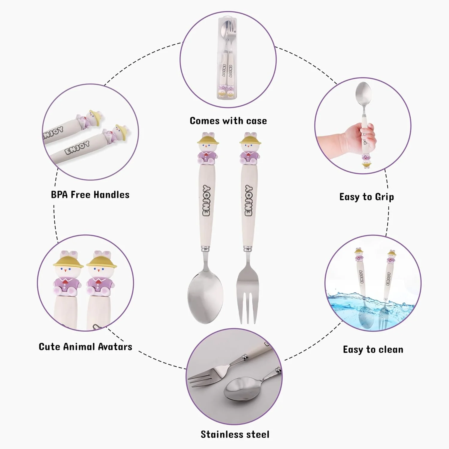 ست قاشق و چنگال کودکانه طرح تدی CRAVISTA به همراه جعبه - ست 2 تکه استیل ضد زنگ بدون BPA شامل قاشق، چنگال و جعبه برای جعبه ناهار، پیک نیک و مسافرت (سفید)