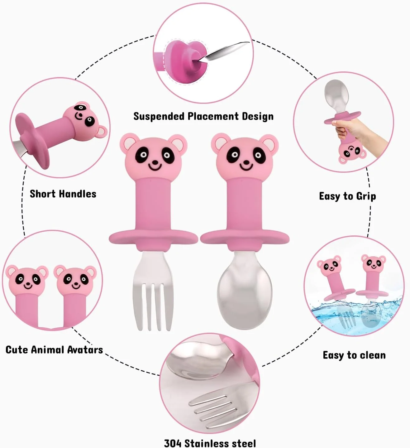 ست قاشق و چنگال کودک CRAVISTA با قاشق و چنگال استیل ضد زنگ | ست قاشق و چنگال کودک سیلیکونی بدون BPA، ست کارد و چنگال صورتی برای جعبه ناهار مدرسه، مسافرت | وسایل غذاخوری کودک نوپا برای دختران، پسران