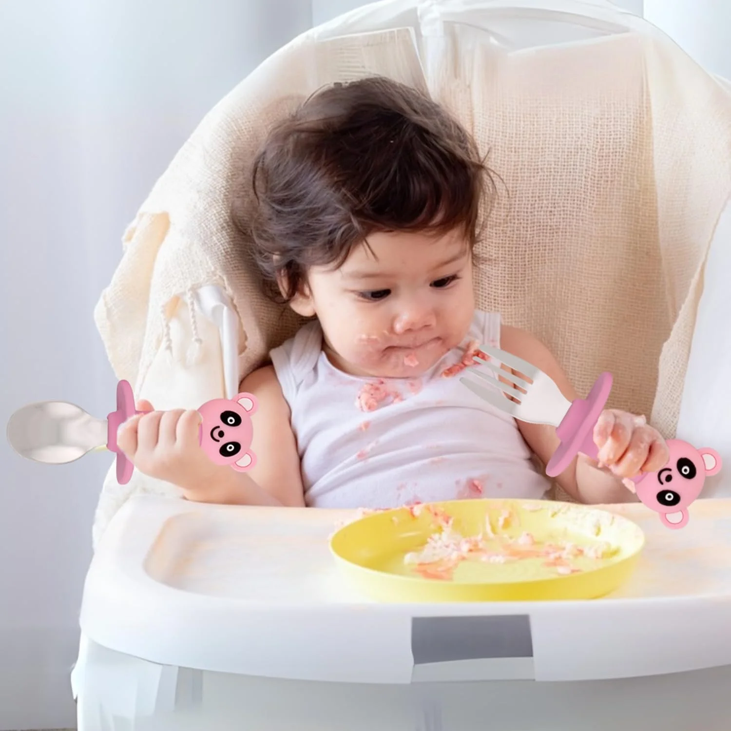 ست قاشق و چنگال کودک CRAVISTA با قاشق و چنگال استیل ضد زنگ | ست قاشق و چنگال کودک سیلیکونی بدون BPA، ست کارد و چنگال صورتی برای جعبه ناهار مدرسه، مسافرت | وسایل غذاخوری کودک نوپا برای دختران، پسران