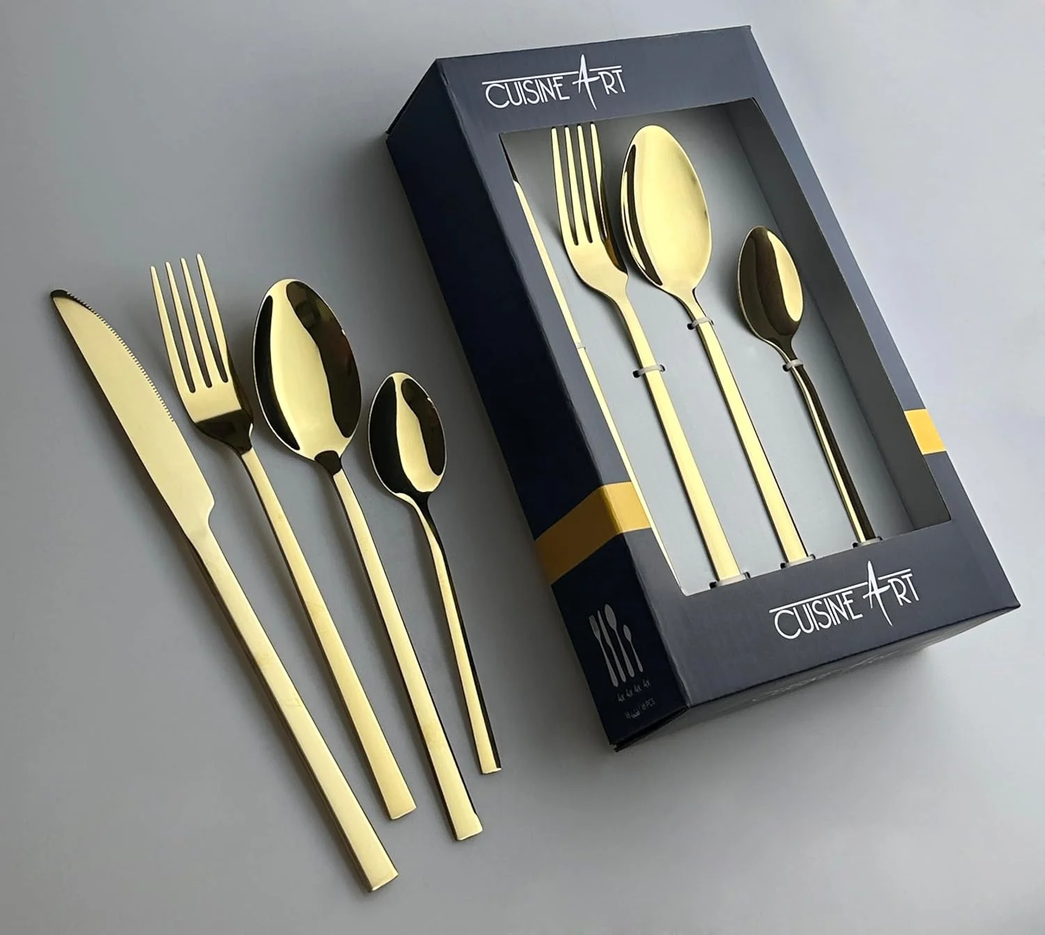 ست کارد و چنگال 16 پارچه استیل ضد زنگ Cuisine Art Ezra، طلایی براق || ست столовые приборы با ظرافت همیشگی برای هر مناسبت || قاشق، چنگال، چاقو ست کارد و چنگال 16 پارچه استیل ضد زنگ Cuisine Art Ezra، طلایی براق || ست столовые приборы با ظرافت همیشگی برای هر مناسبت || قاشق، چنگال، چاقو