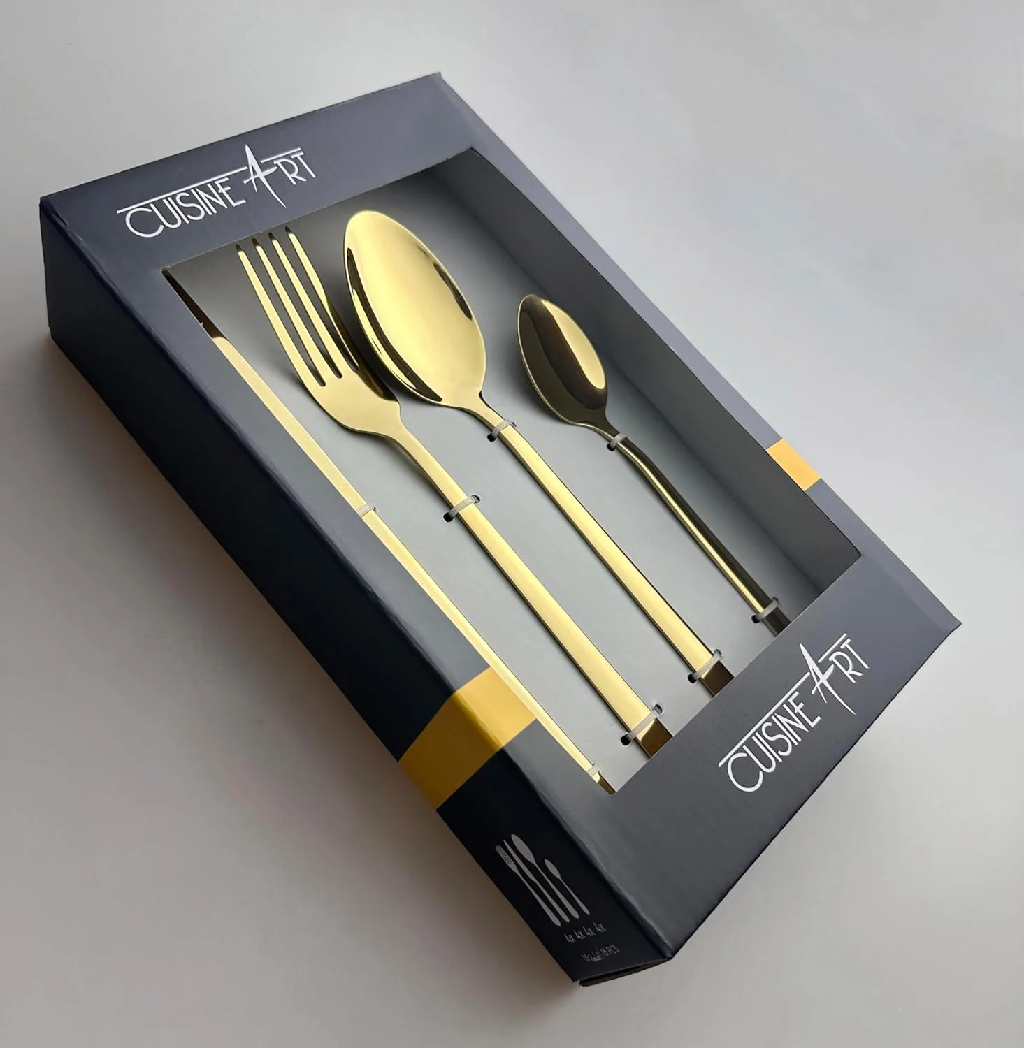 ست کارد و چنگال 16 پارچه استیل ضد زنگ Cuisine Art Ezra، طلایی براق || ست столовые приборы با ظرافت همیشگی برای هر مناسبت || قاشق، چنگال، چاقو ست کارد و چنگال 16 پارچه استیل ضد زنگ Cuisine Art Ezra، طلایی براق || ست столовые приборы با ظرافت همیشگی برای هر مناسبت || قاشق، چنگال، چاقو