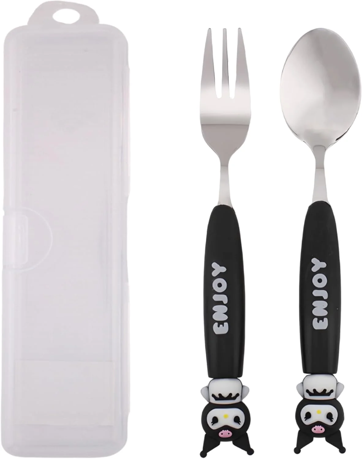 ست قاشق و چنگال کودکانه طرح کرومی CRAVISTA به همراه جعبه – قاشق و چنگال استیل ضد زنگ 2 تکه با جعبه حمل طرح گربه کارتونی زیبا – ست کارد و چنگال بدون BPA هدیه ای برای دختران، جعبه ناهار، پیک نیک، مسافرت (مشکی)