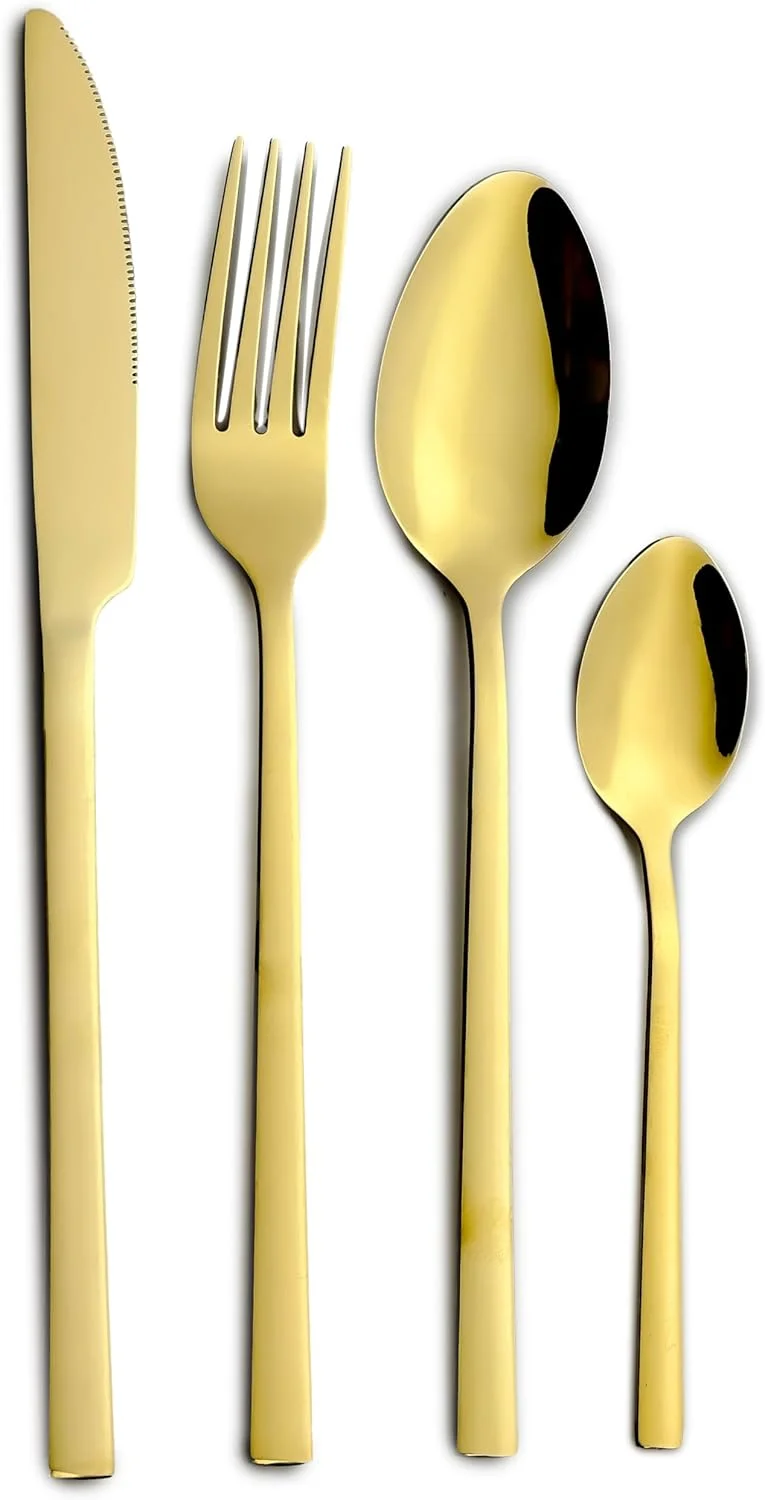ست کارد و چنگال 16 پارچه استیل ضد زنگ Cuisine Art Ezra، طلایی براق || ست столовые приборы با ظرافت همیشگی برای هر مناسبت || قاشق، چنگال، چاقو ست کارد و چنگال 16 پارچه استیل ضد زنگ Cuisine Art Ezra، طلایی براق || ست столовые приборы با ظرافت همیشگی برای هر مناسبت || قاشق، چنگال، چاقو