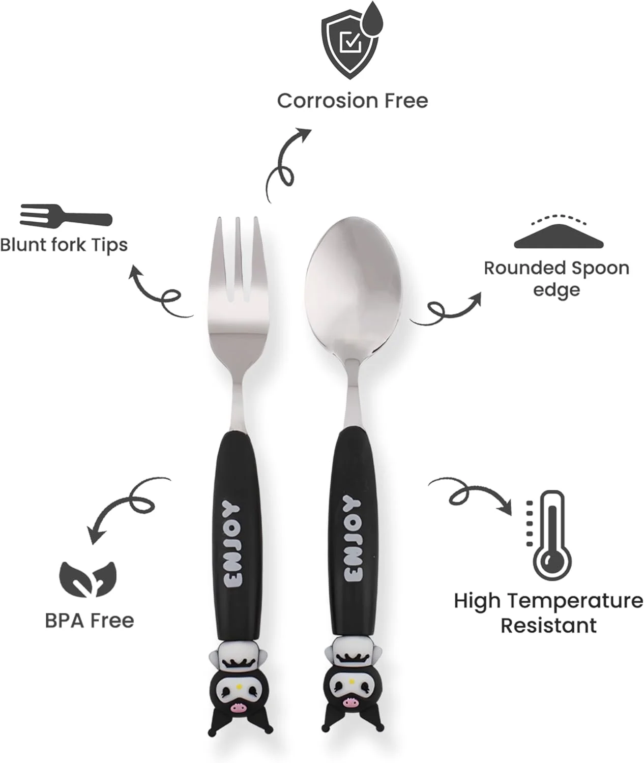 ست قاشق و چنگال کودکانه طرح کرومی CRAVISTA به همراه جعبه – قاشق و چنگال استیل ضد زنگ 2 تکه با جعبه حمل طرح گربه کارتونی زیبا – ست کارد و چنگال بدون BPA هدیه ای برای دختران، جعبه ناهار، پیک نیک، مسافرت (مشکی)