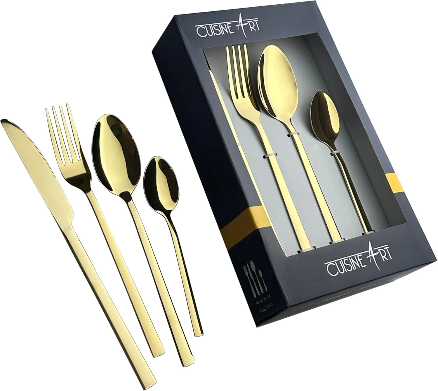 ست کارد و چنگال ۱۶ پارچه استیل طلایی براق Cuisine Art Ezra || ست کارد و چنگال با ظرافت همیشگی برای هر مناسبت || قاشق، چنگال، چاقو