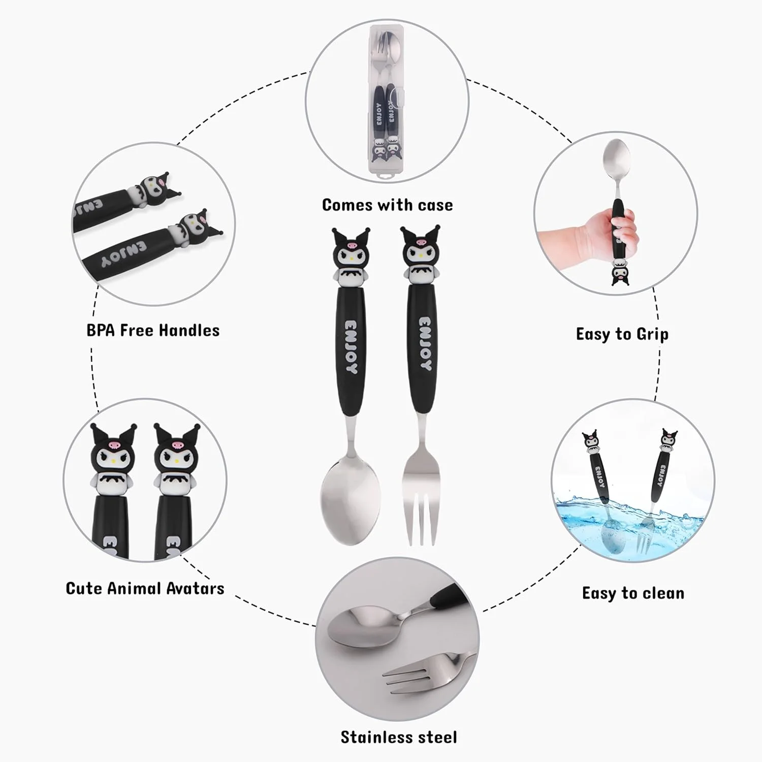 ست قاشق و چنگال کودکانه طرح کرومی CRAVISTA به همراه جعبه – قاشق و چنگال استیل ضد زنگ 2 تکه با جعبه حمل طرح گربه کارتونی زیبا – ست کارد و چنگال بدون BPA هدیه ای برای دختران، جعبه ناهار، پیک نیک، مسافرت (مشکی)